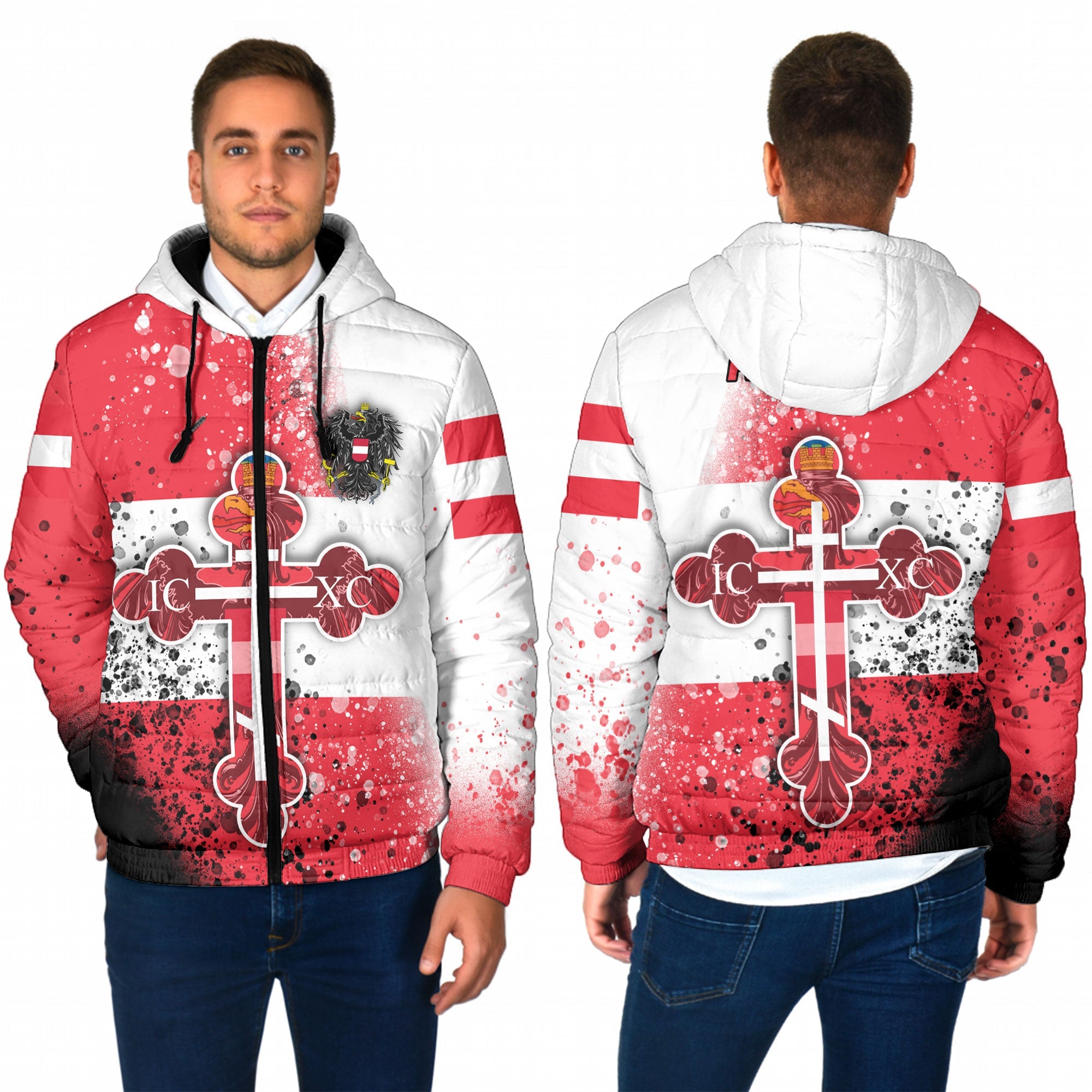 Austria Men Hooded Padded Jacket Flag & Coat Of Arms Orthodox Style