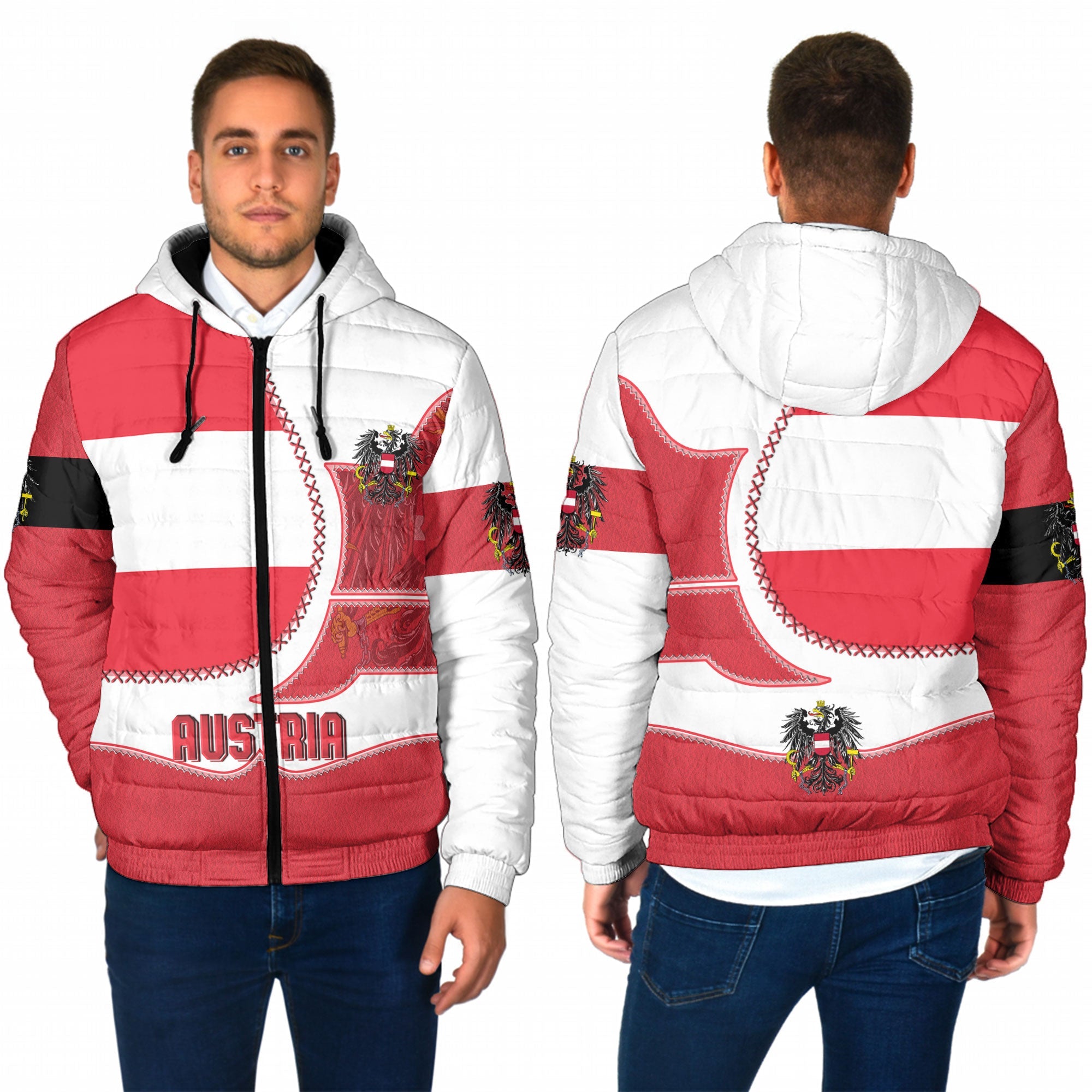 Austria Men Hooded Padded Jacket Flag & Coat Of Arms Leather Style