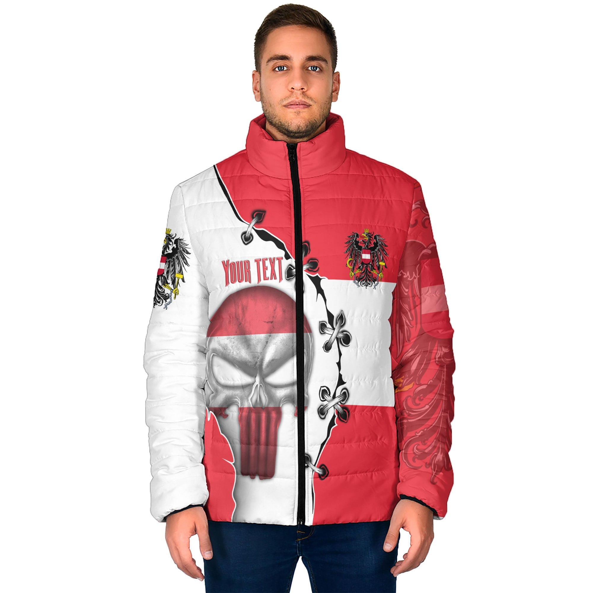 Austria Men Padded Jacket Flag & Coat Of Arms Skull Style