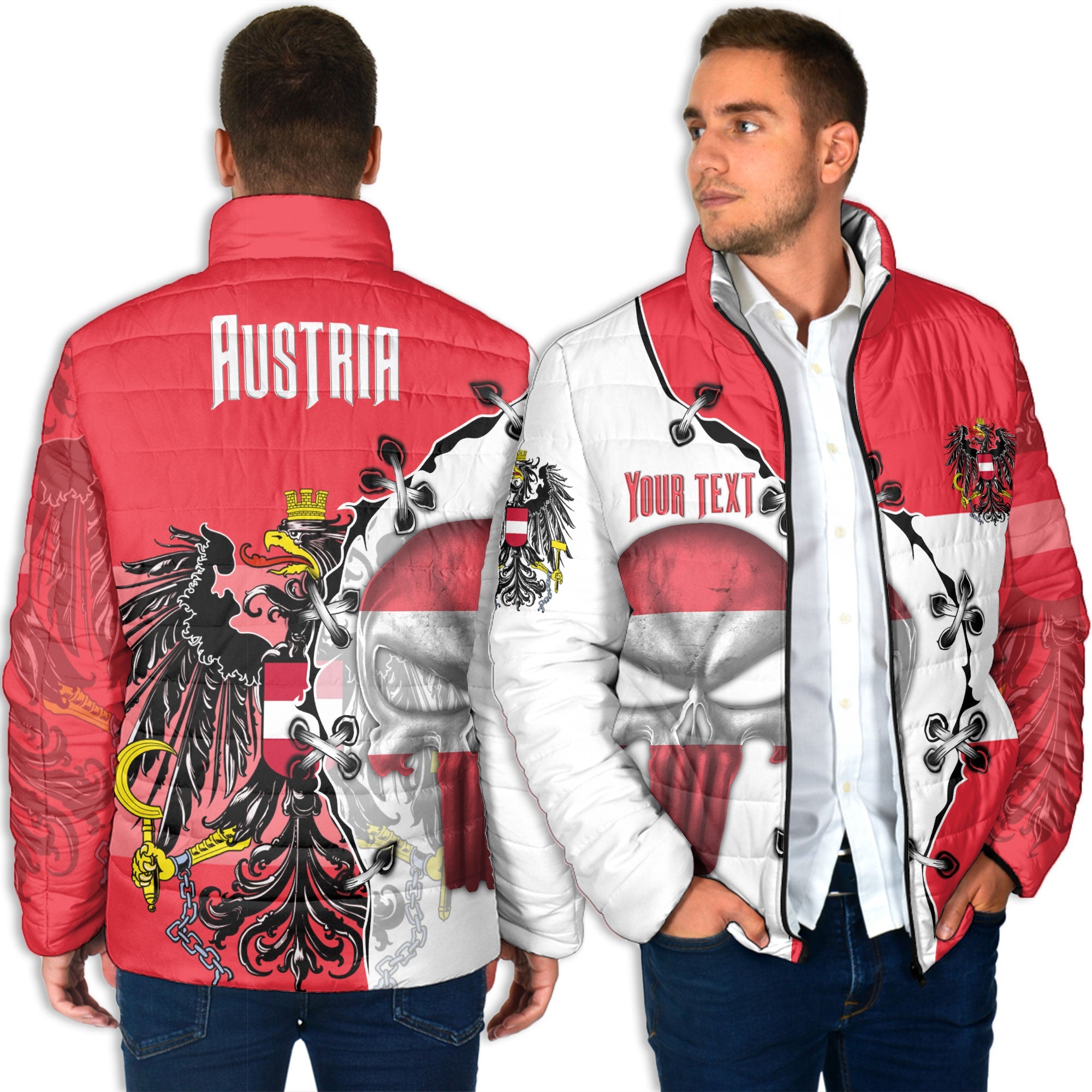 Austria Men Padded Jacket Flag & Coat Of Arms Skull Style