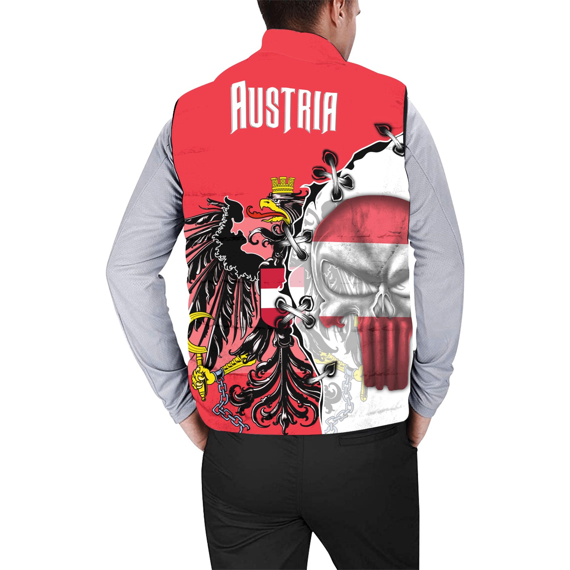 Austria Men Padded Jacket Vest Flag & Coat Of Arms Skull Style