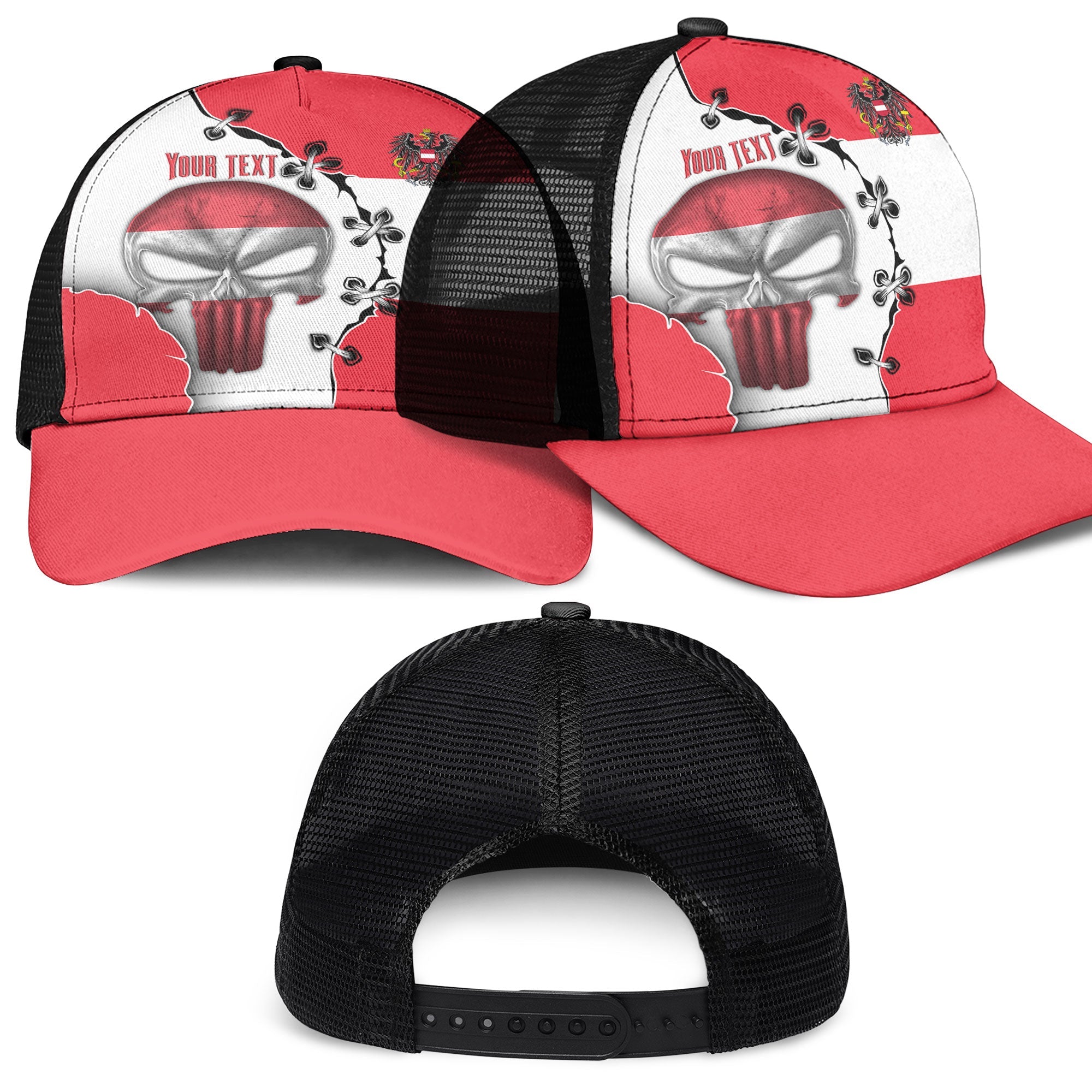 Austria Mesh Back Cap Flag & Coat Of Arms Skull Style