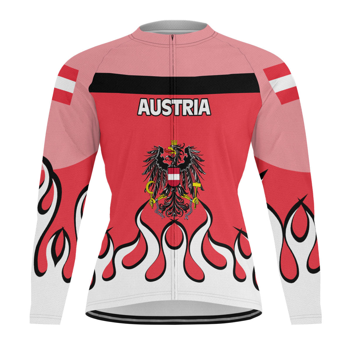 Austria Men's Cycling Jersey Long Sleeve Flag & Coat Of Arms Fire Hockey Style