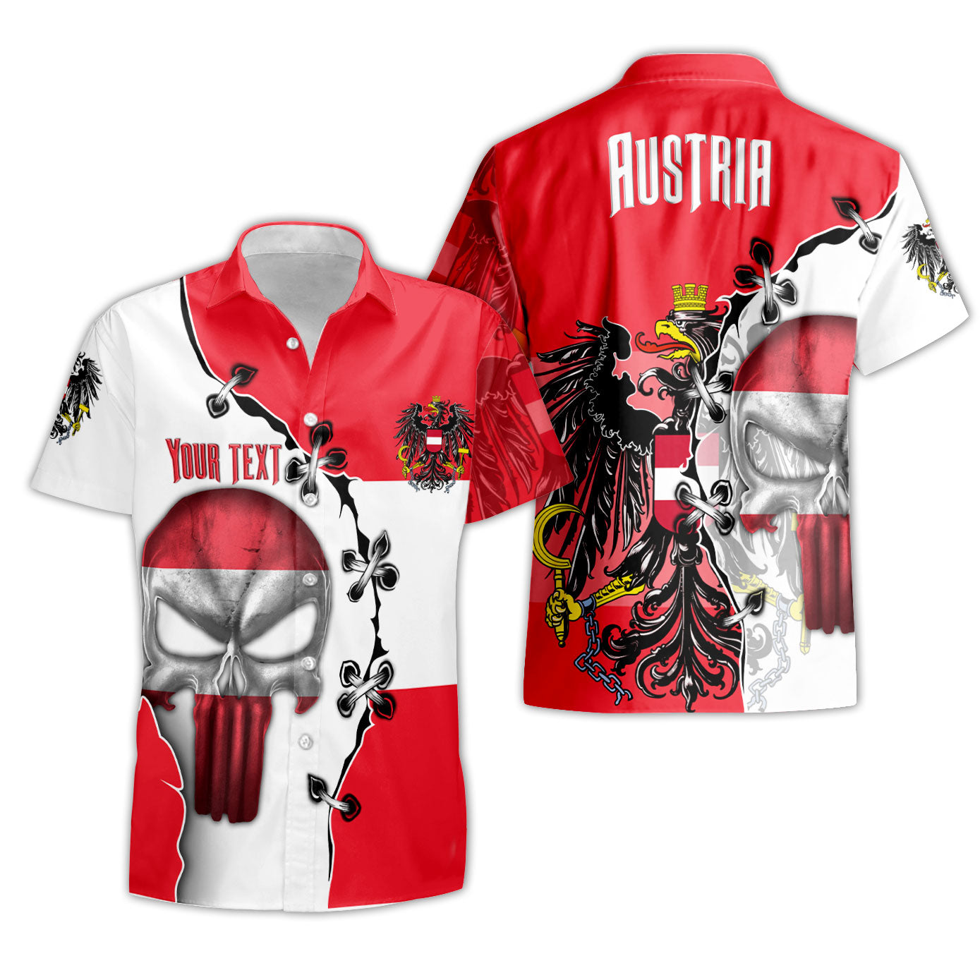 Austria Short Sleeve Shirt Flag & Coat Of Arms Skull Style