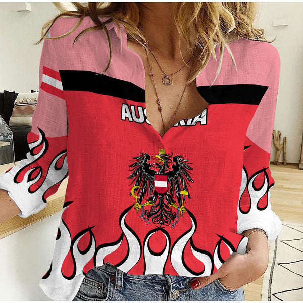 Austria Women Casual Shirt Flag & Coat Of Arms Fire Hockey Style