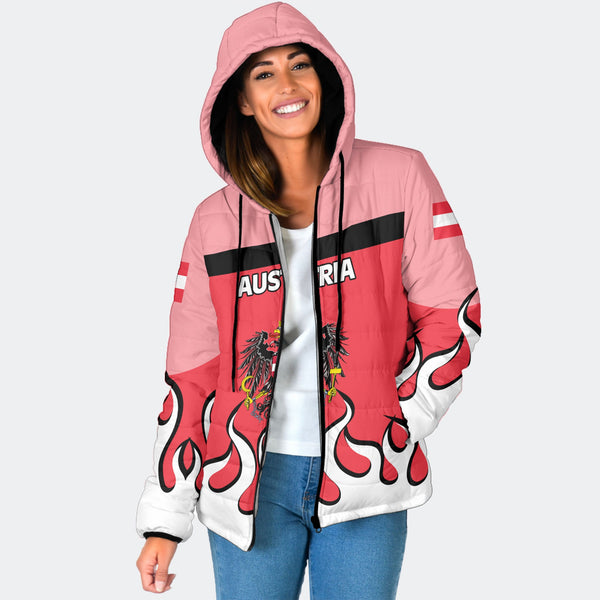 Austria Women Hooded Padded Jacket Flag & Coat Of Arms Fire Hockey Style