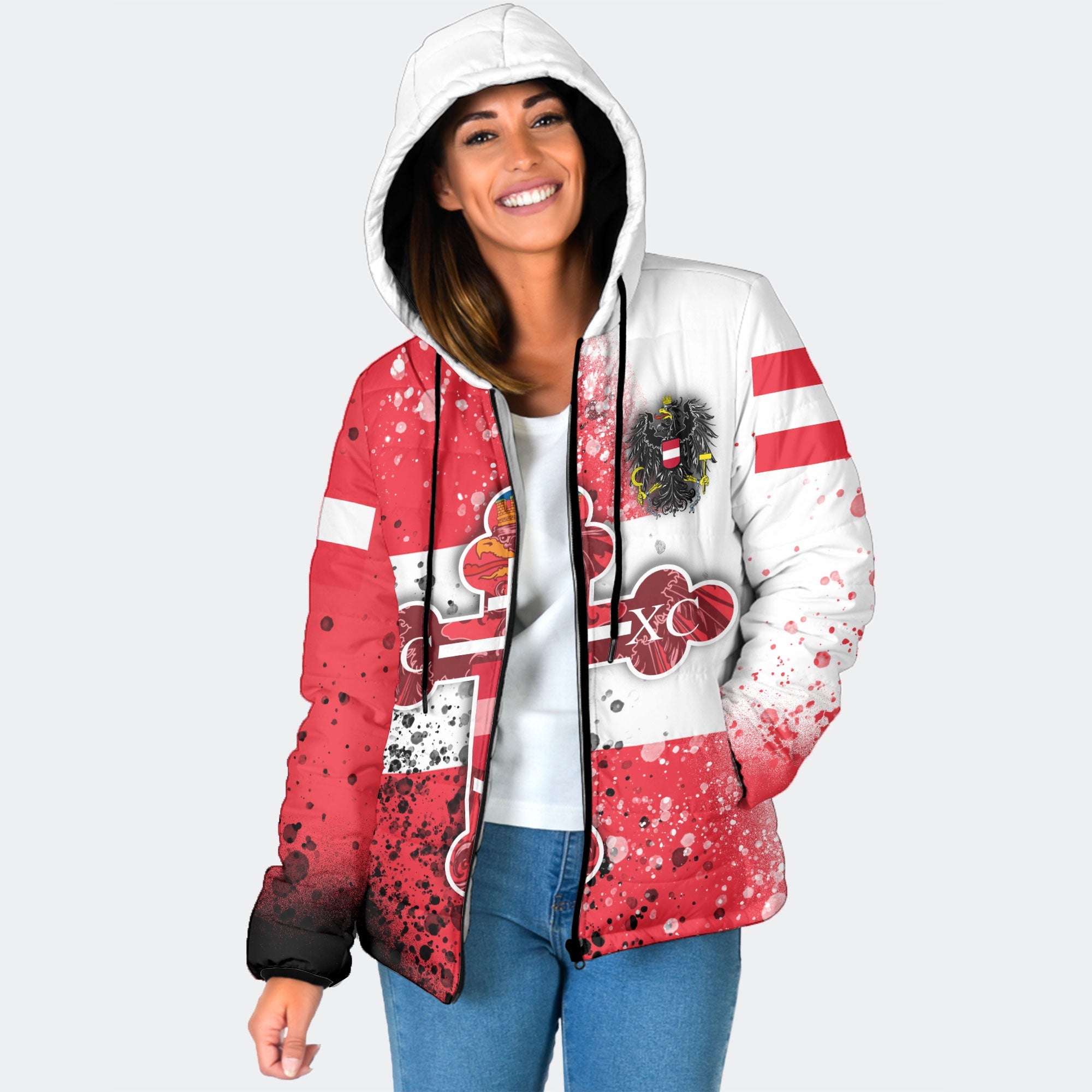 Austria Women Hooded Padded Jacket Flag & Coat Of Arms Orthodox Style