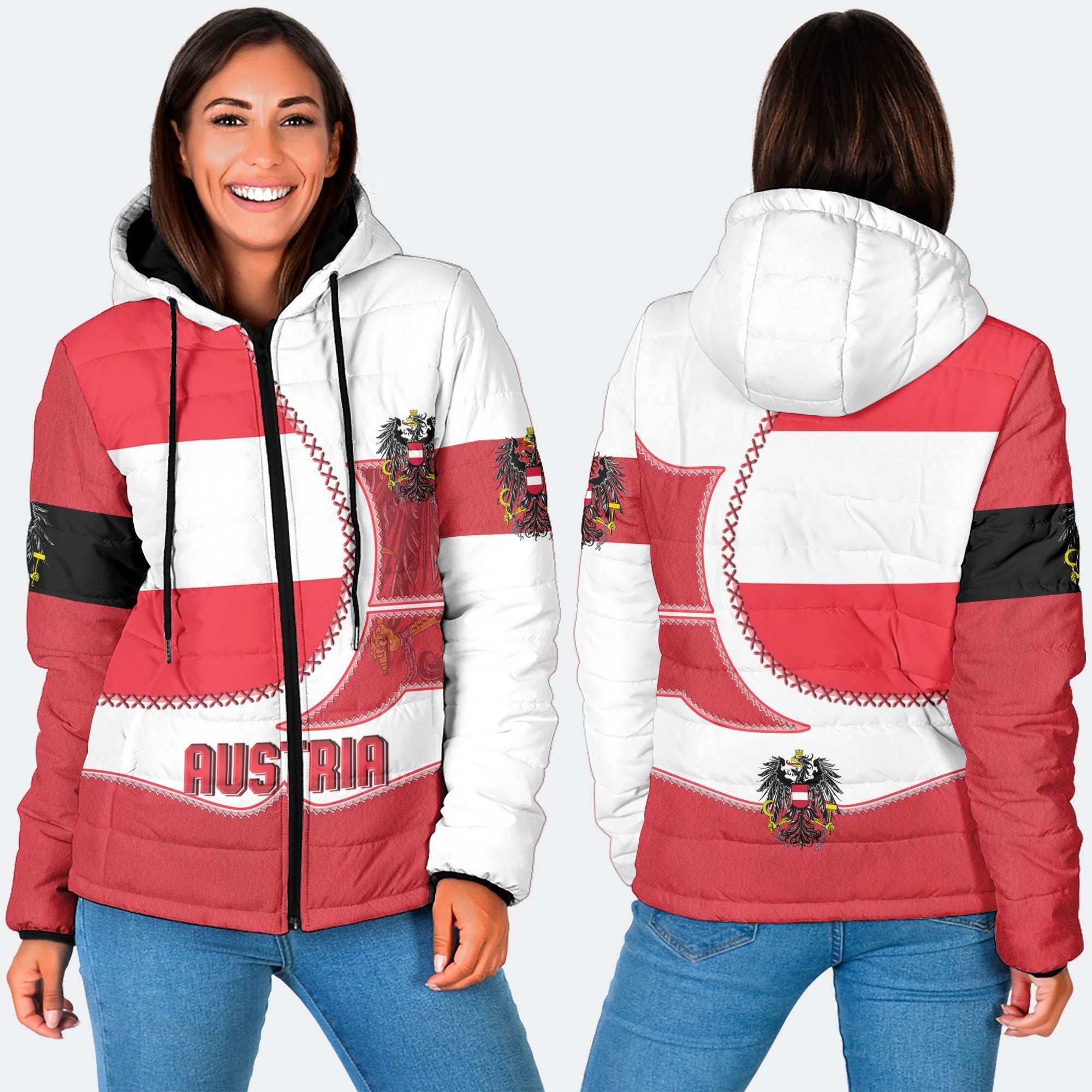 Austria Women Hooded Padded Jacket Flag & Coat Of Arms Leather Style