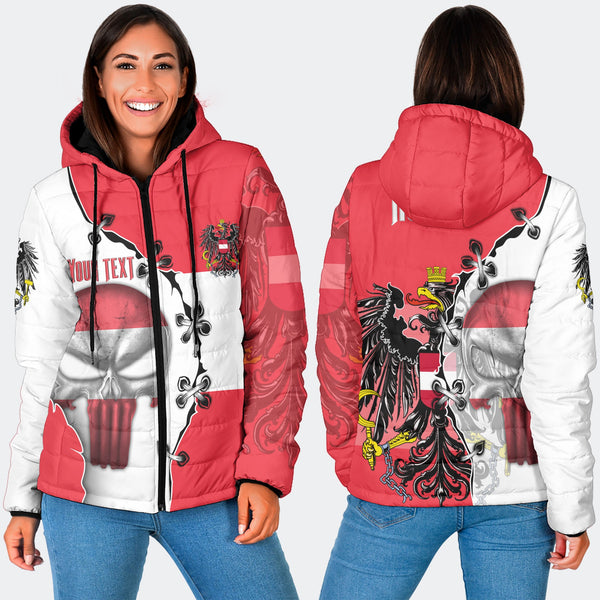 Austria Women Hooded Padded Jacket Flag & Coat Of Arms Skull Style