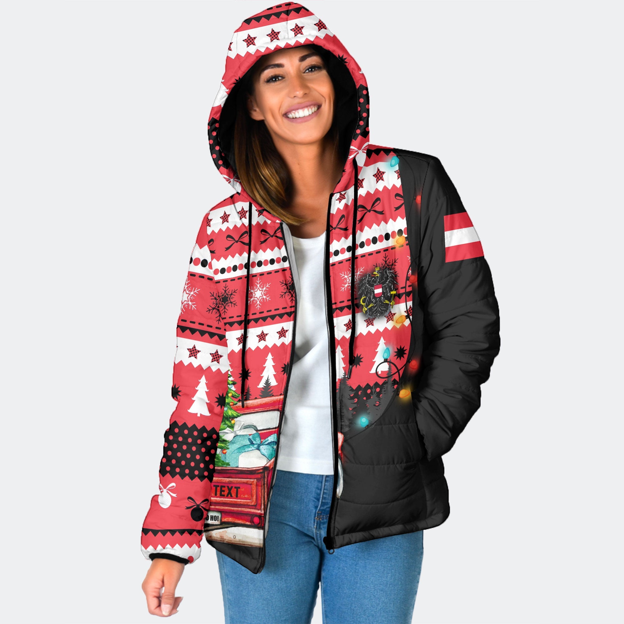 Austria Women Hooded Padded Jacket Coat Of Arms Christmas Style