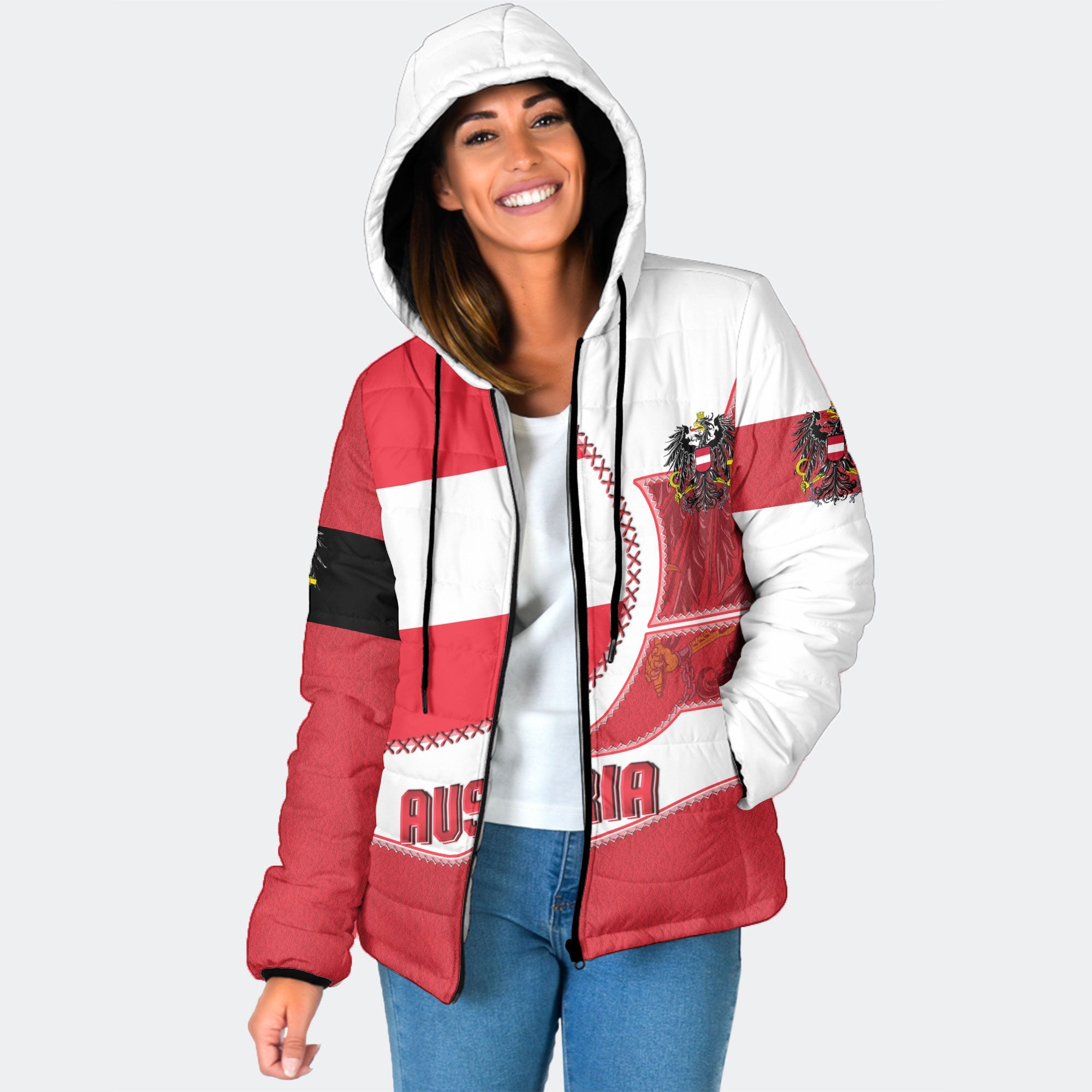 Austria Women Hooded Padded Jacket Flag & Coat Of Arms Leather Style