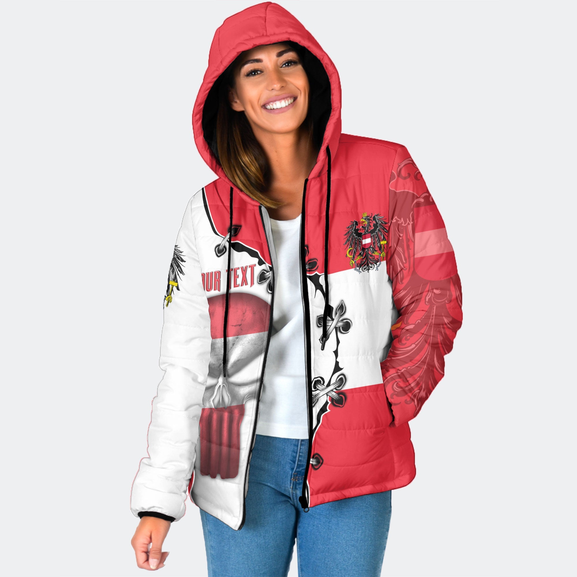 Austria Women Hooded Padded Jacket Flag & Coat Of Arms Skull Style