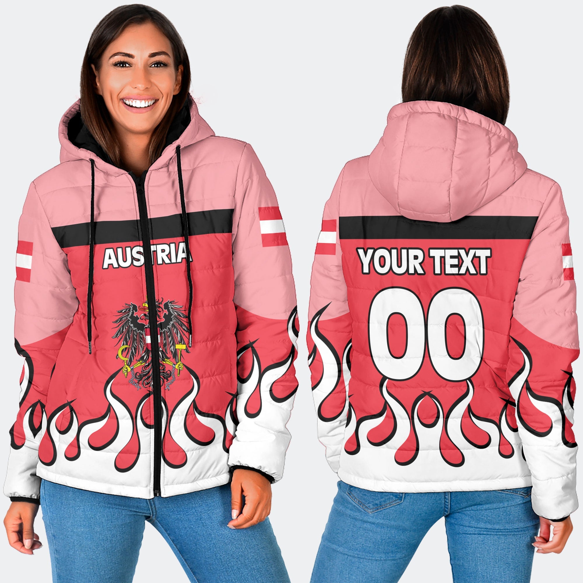 Austria Women Hooded Padded Jacket Flag & Coat Of Arms Fire Hockey Style