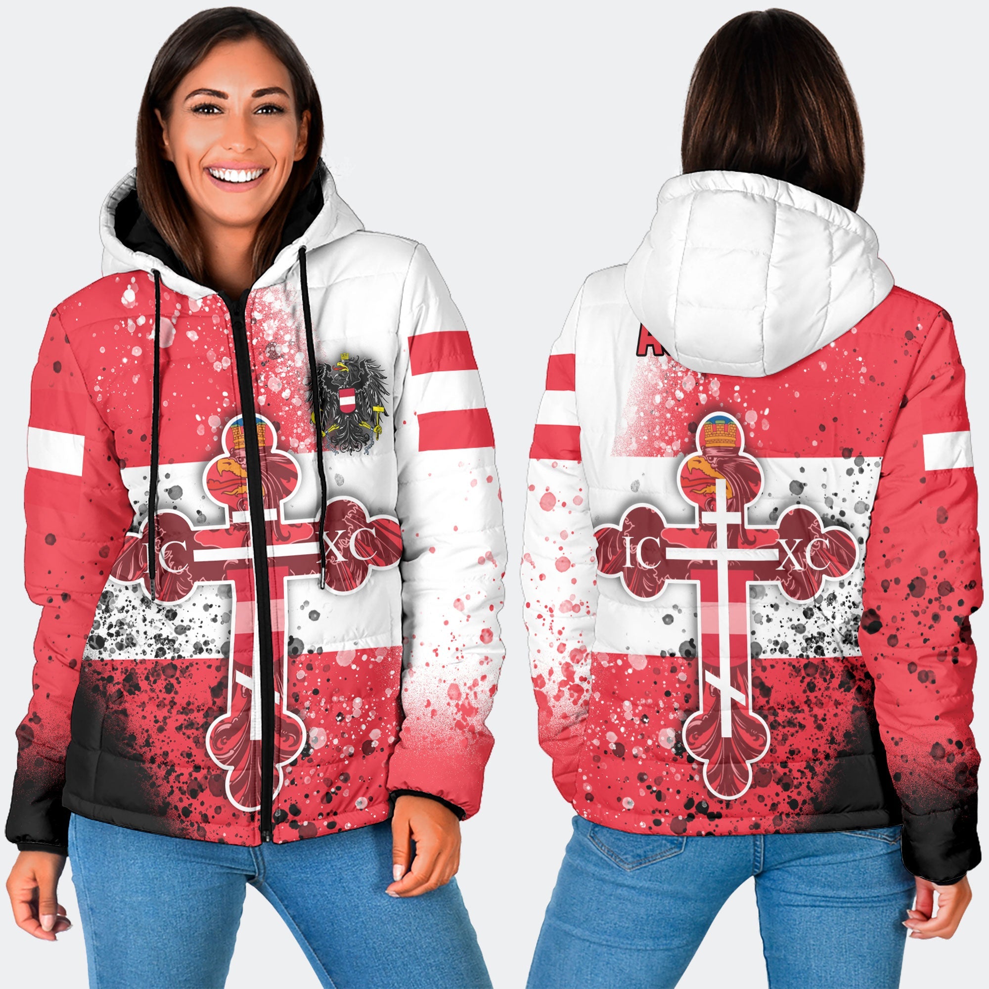 Austria Women Hooded Padded Jacket Flag & Coat Of Arms Orthodox Style