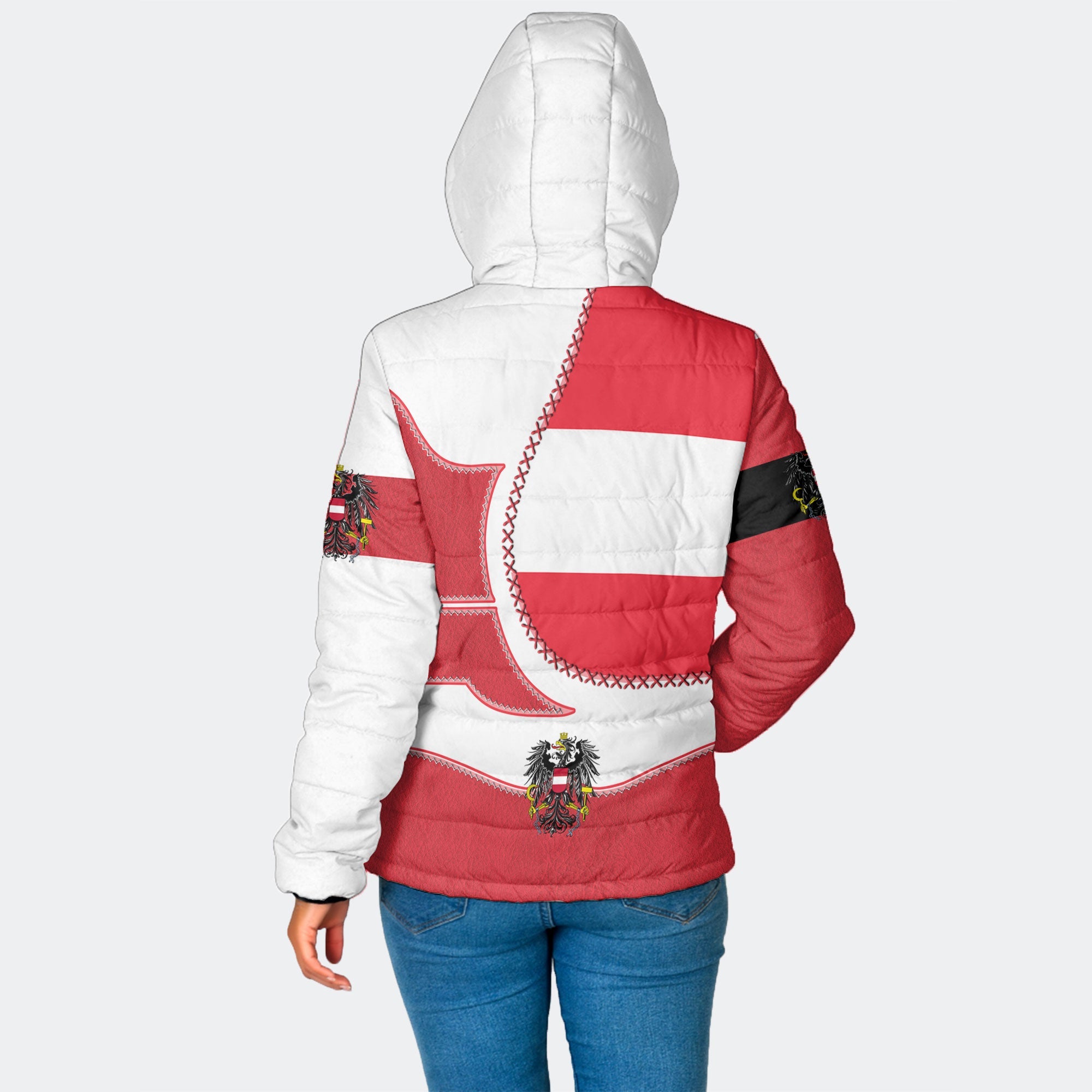 Austria Women Hooded Padded Jacket Flag & Coat Of Arms Leather Style