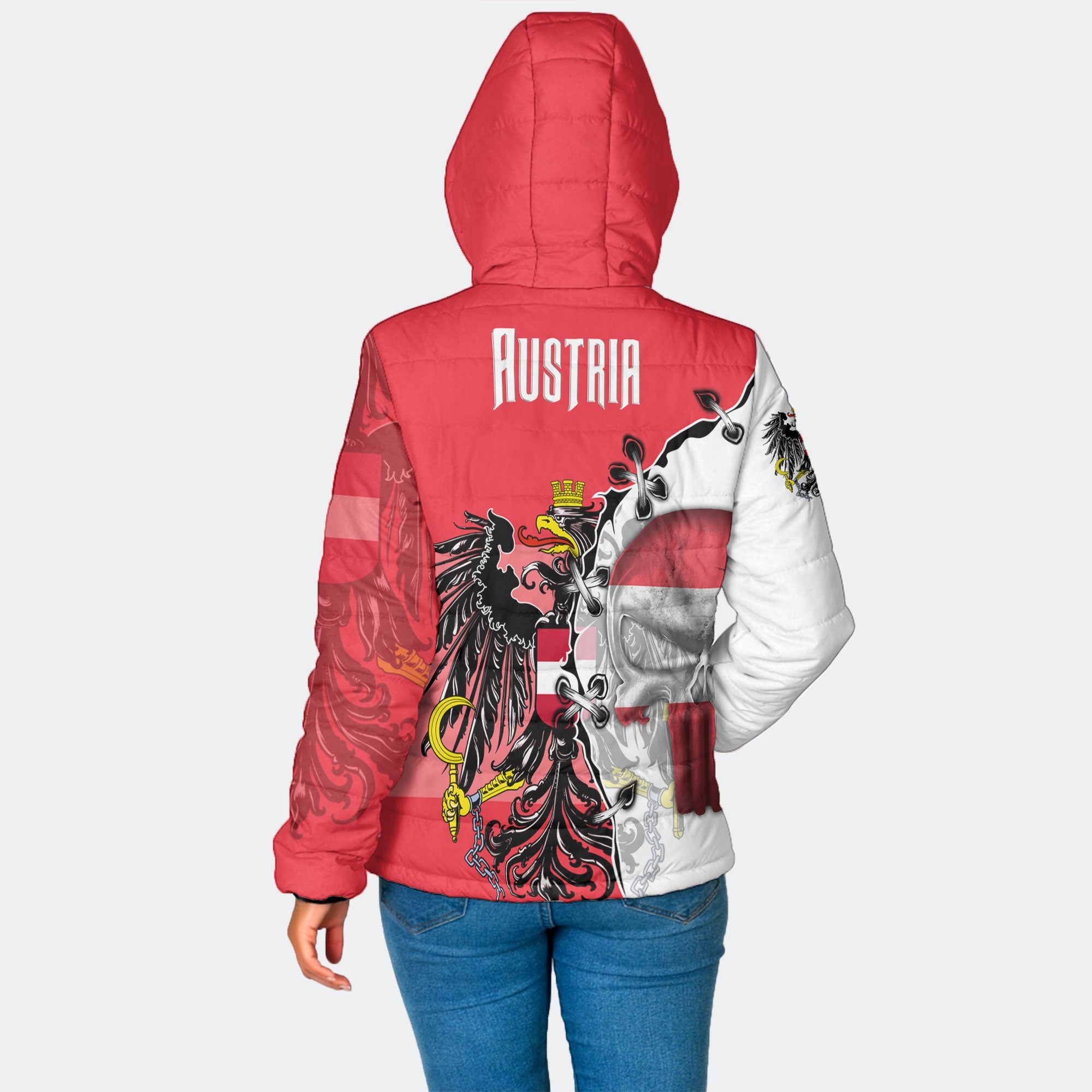 Austria Women Hooded Padded Jacket Flag & Coat Of Arms Skull Style