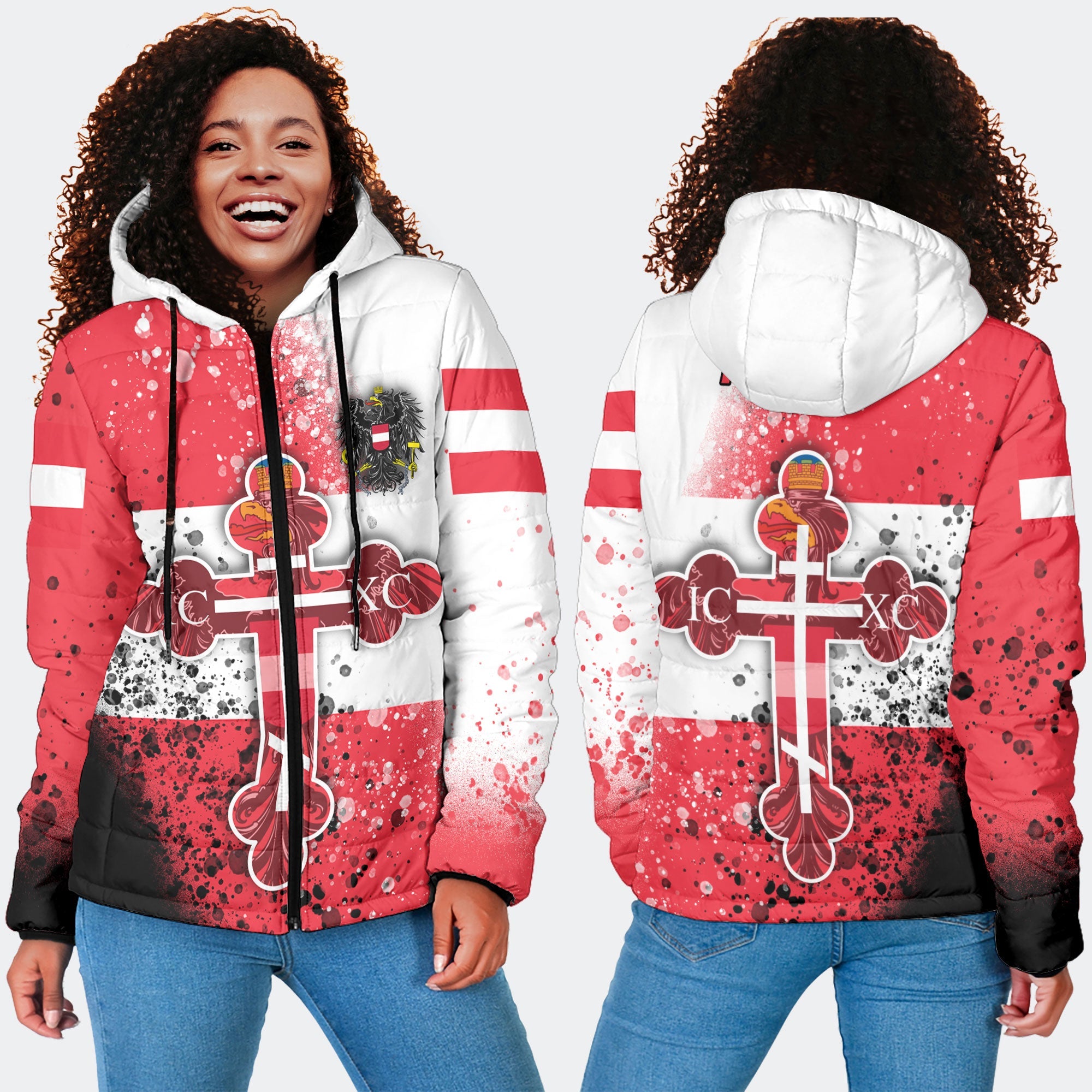 Austria Women Hooded Padded Jacket Flag & Coat Of Arms Orthodox Style