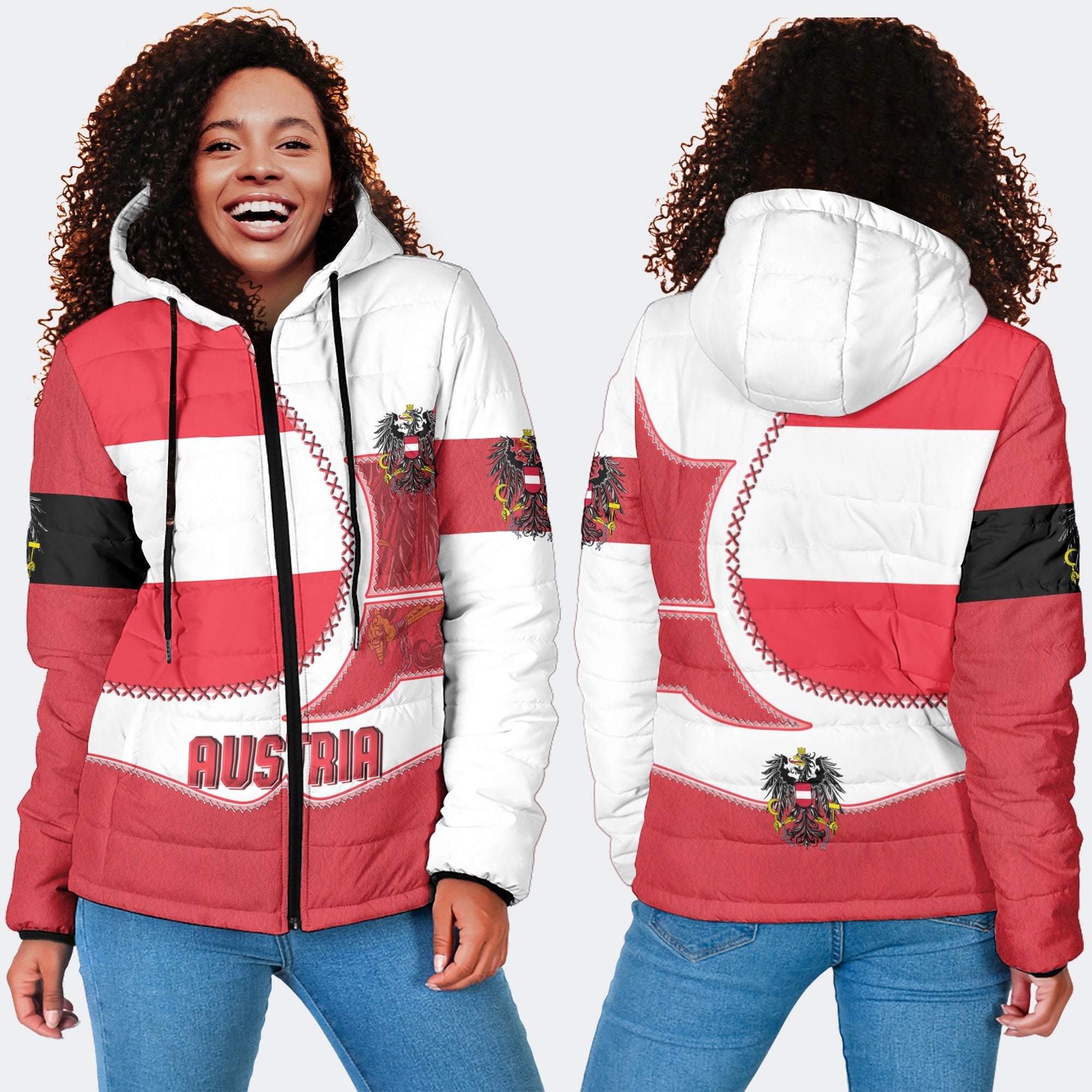 Austria Women Hooded Padded Jacket Flag & Coat Of Arms Leather Style