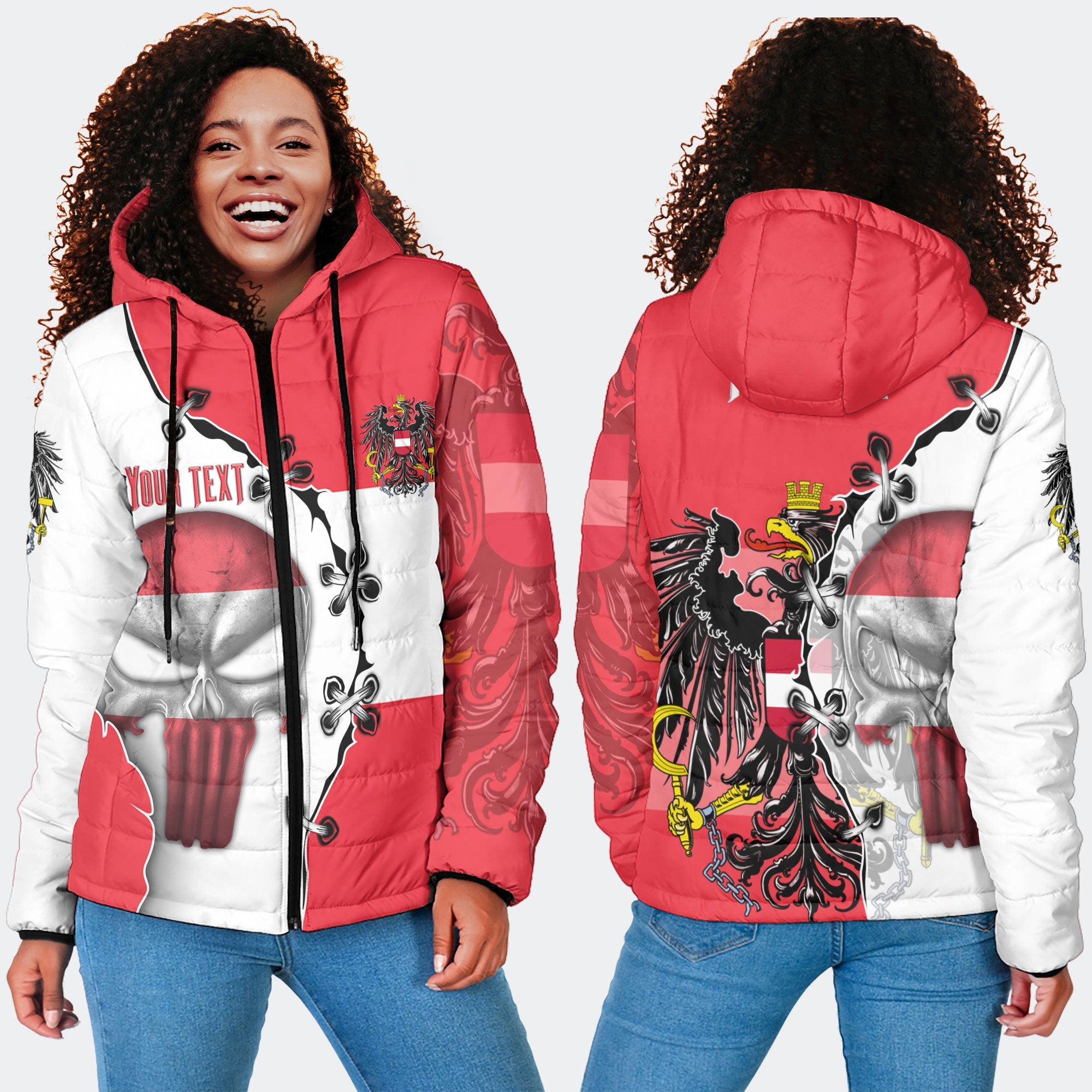 Austria Women Hooded Padded Jacket Flag & Coat Of Arms Skull Style