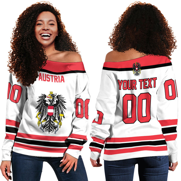 Austria Women Off Shoulder Sweatshirt Flag & Coat Of Arms Hockey Style