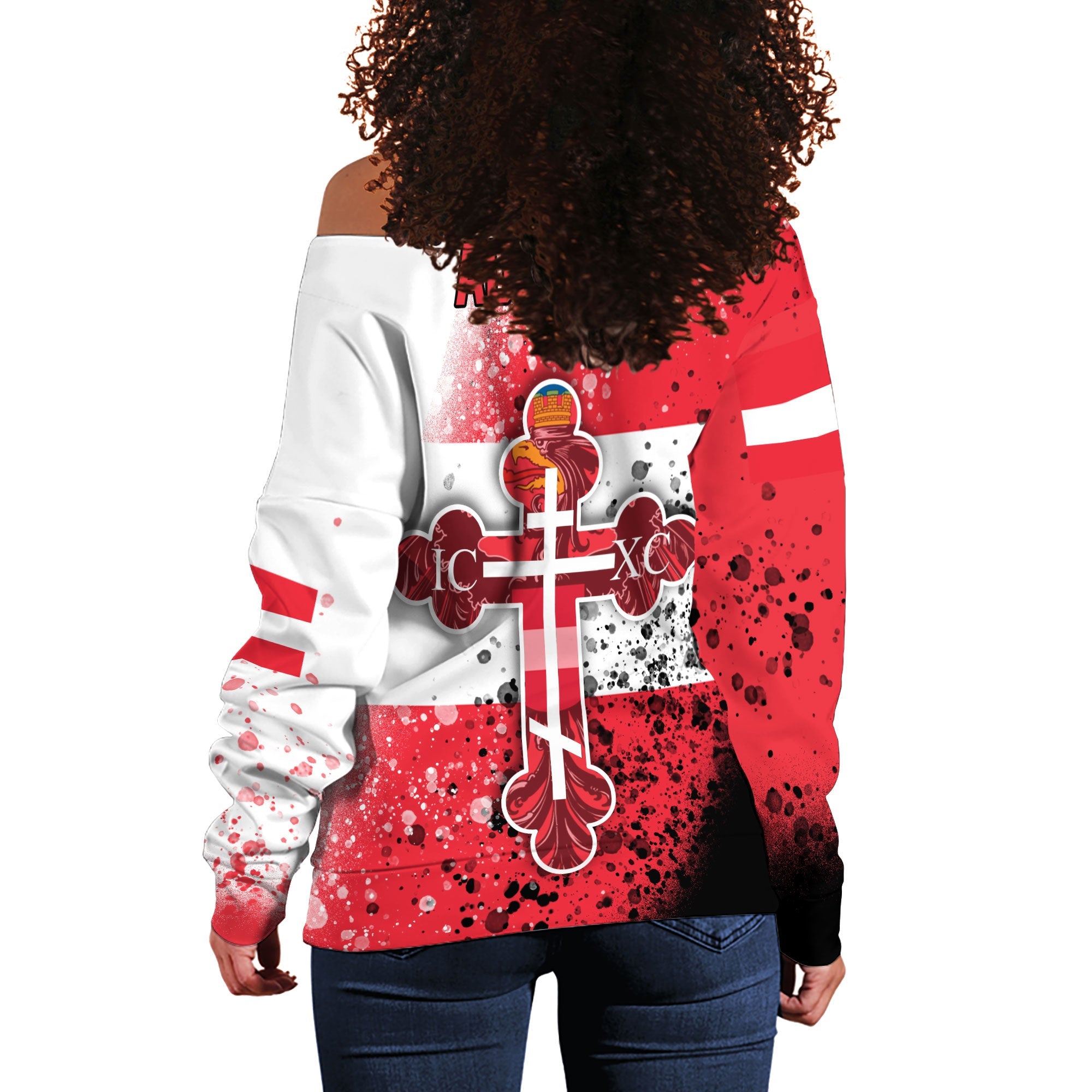 Austria Women Off Shoulder Sweatshirt Flag & Coat Of Arms Orthodox Style