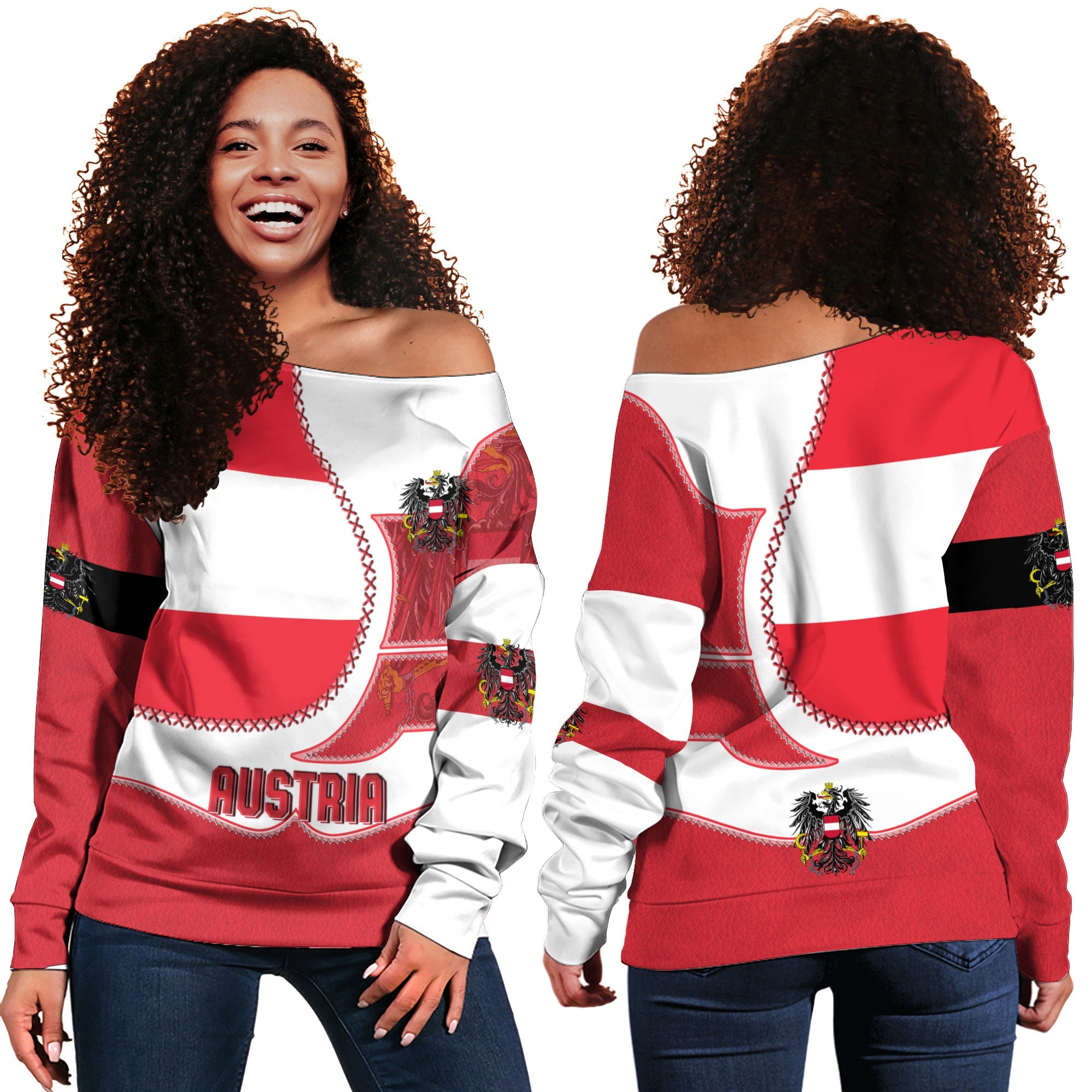 Austria Women Off Shoulder Sweatshirt Flag & Coat Of Arms Leather Style