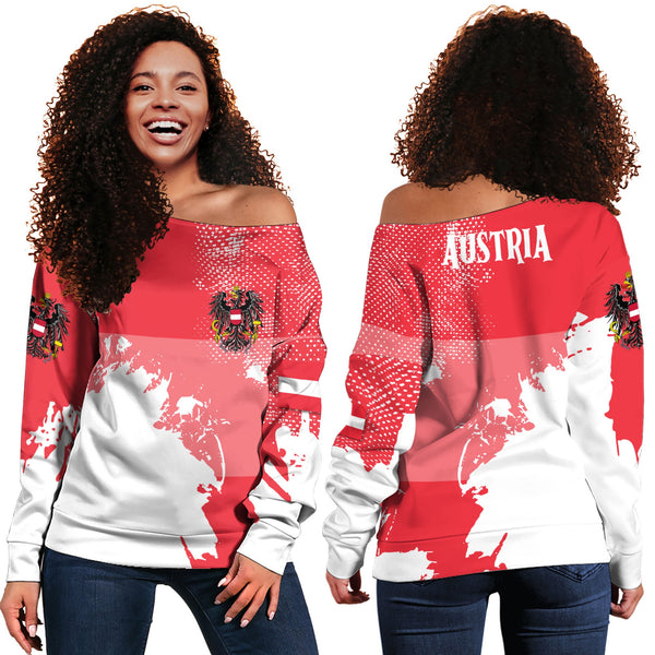 Austria Women Off Shoulder Sweatshirt Flag & Coat Of Arms Paint Style