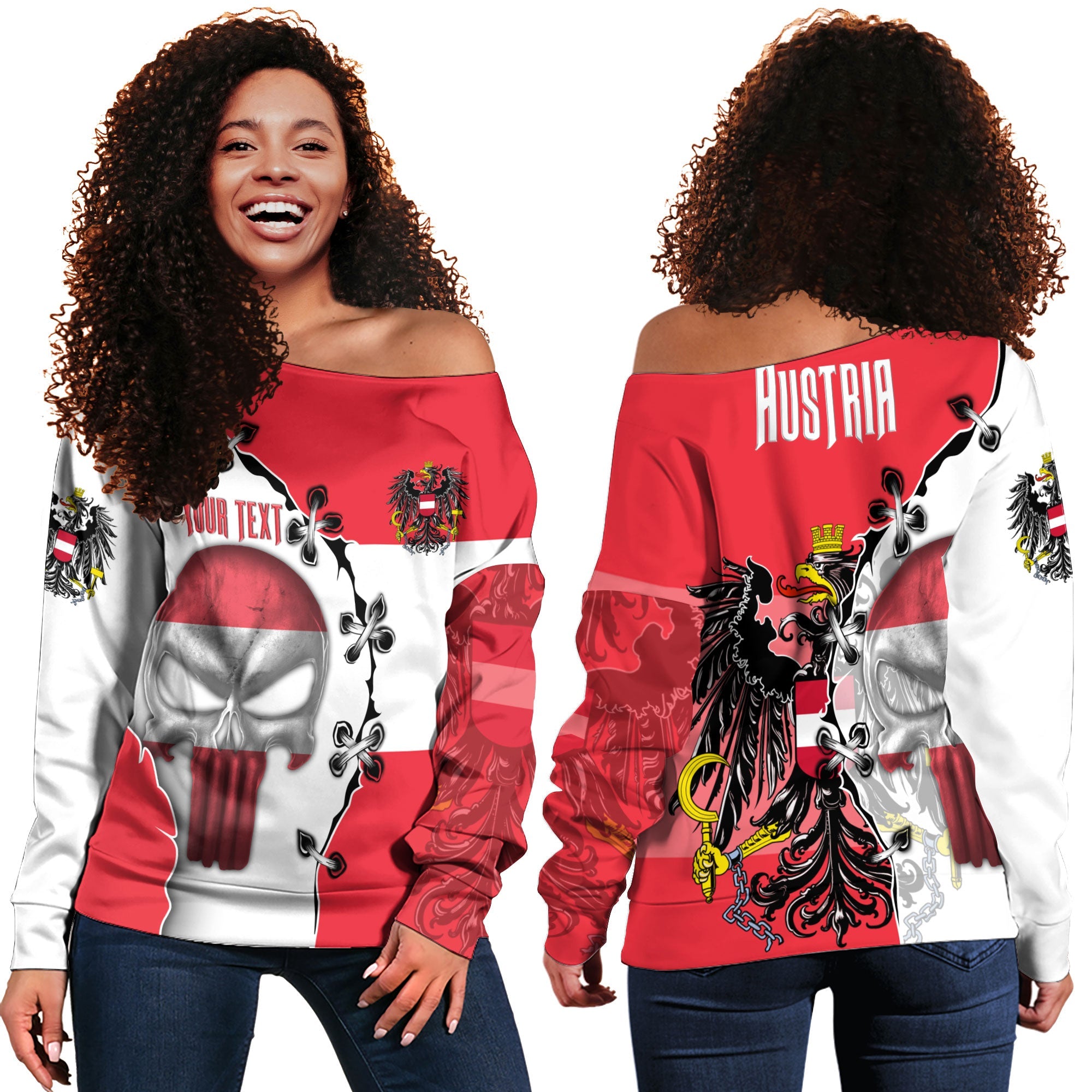 Austria Women Off Shoulder Sweatshirt Flag & Coat Of Arms Skull Style