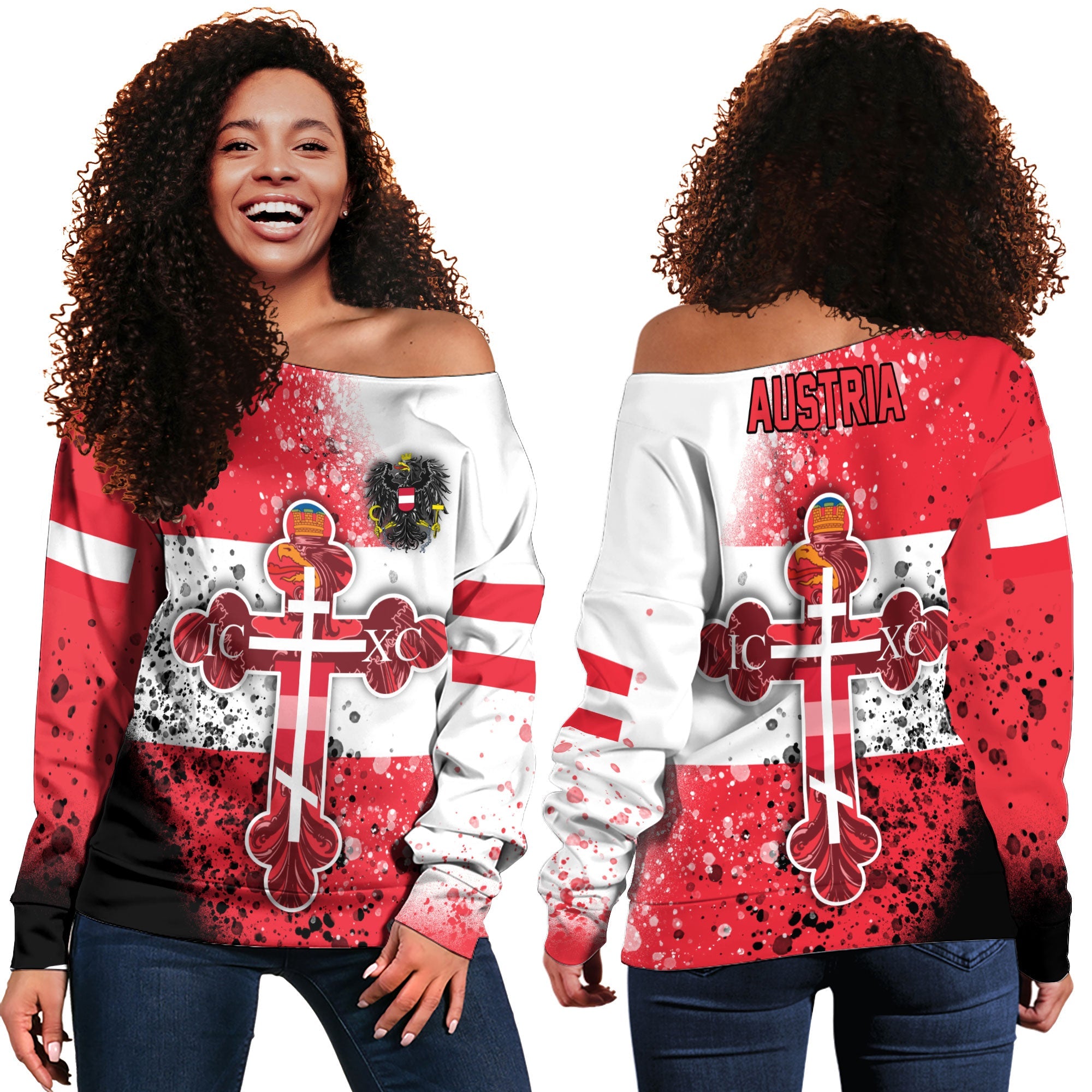 Austria Women Off Shoulder Sweatshirt Flag & Coat Of Arms Orthodox Style