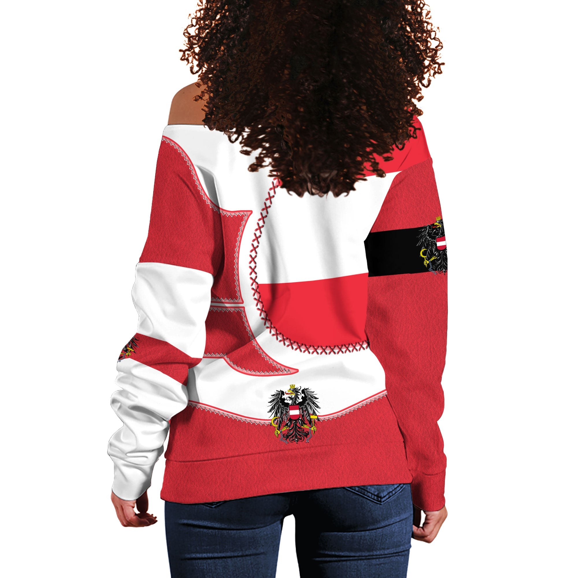 Austria Women Off Shoulder Sweatshirt Flag & Coat Of Arms Leather Style