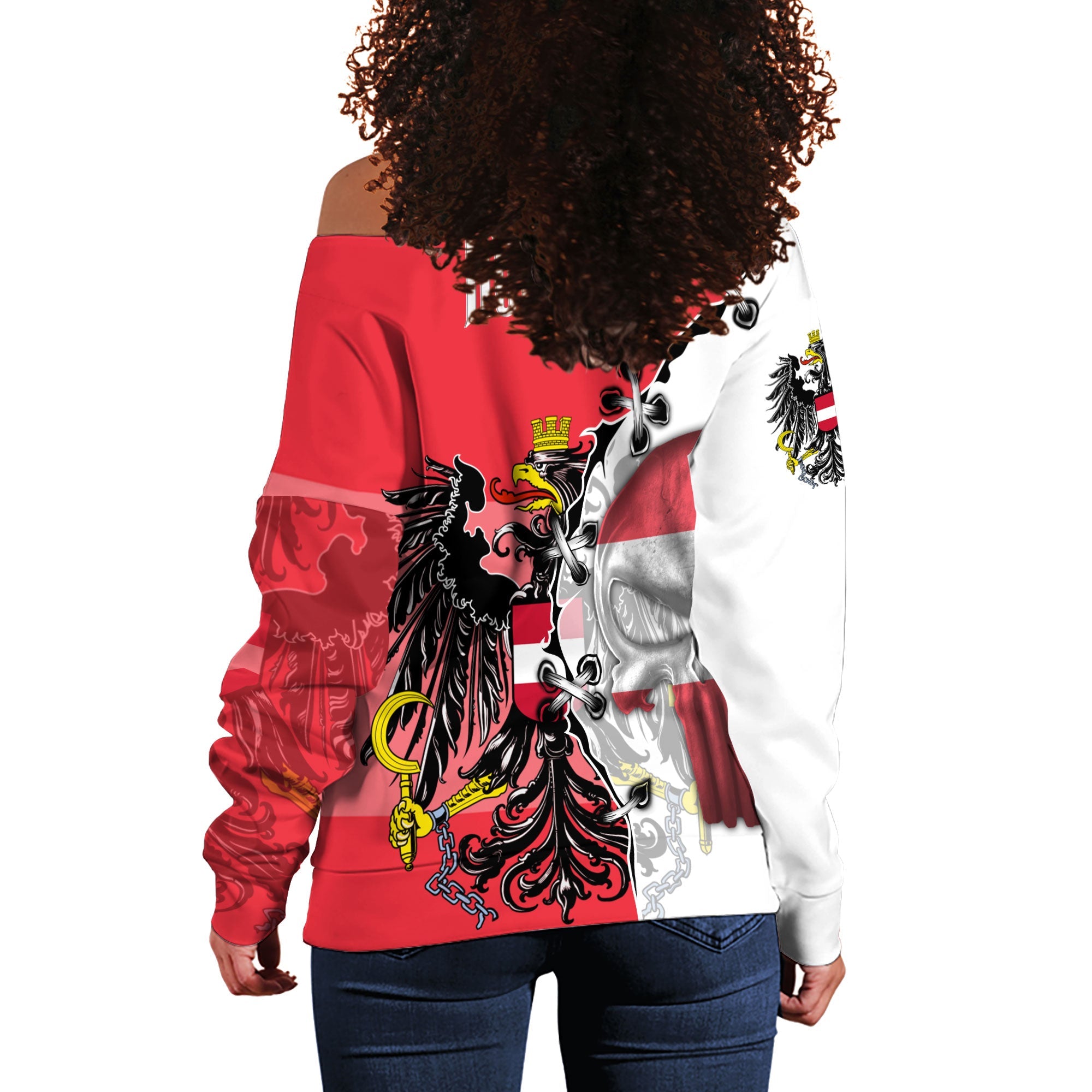 Austria Women Off Shoulder Sweatshirt Flag & Coat Of Arms Skull Style