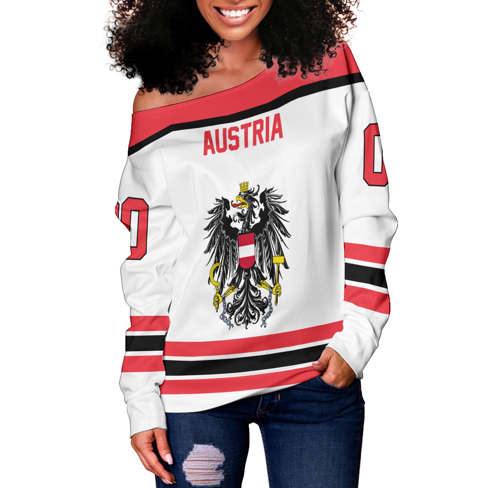 Austria Women Off Shoulder Sweatshirt Flag & Coat Of Arms Hockey Style