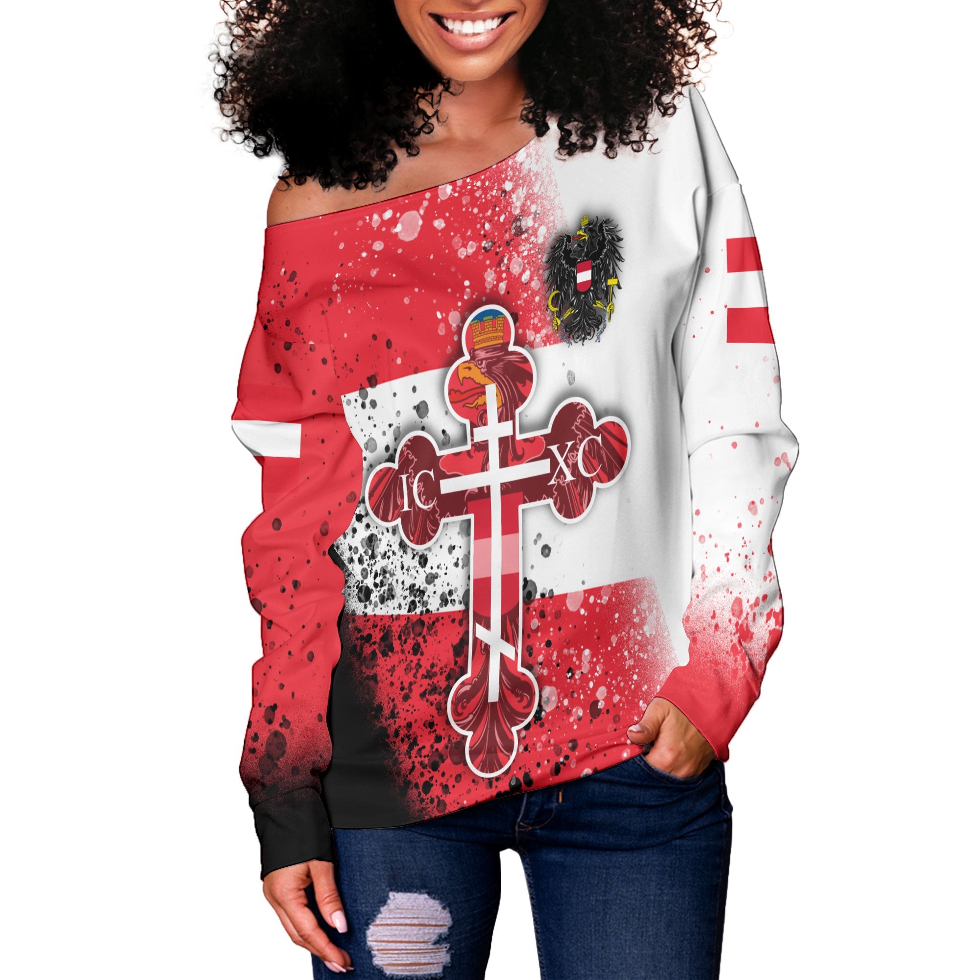 Austria Women Off Shoulder Sweatshirt Flag & Coat Of Arms Orthodox Style