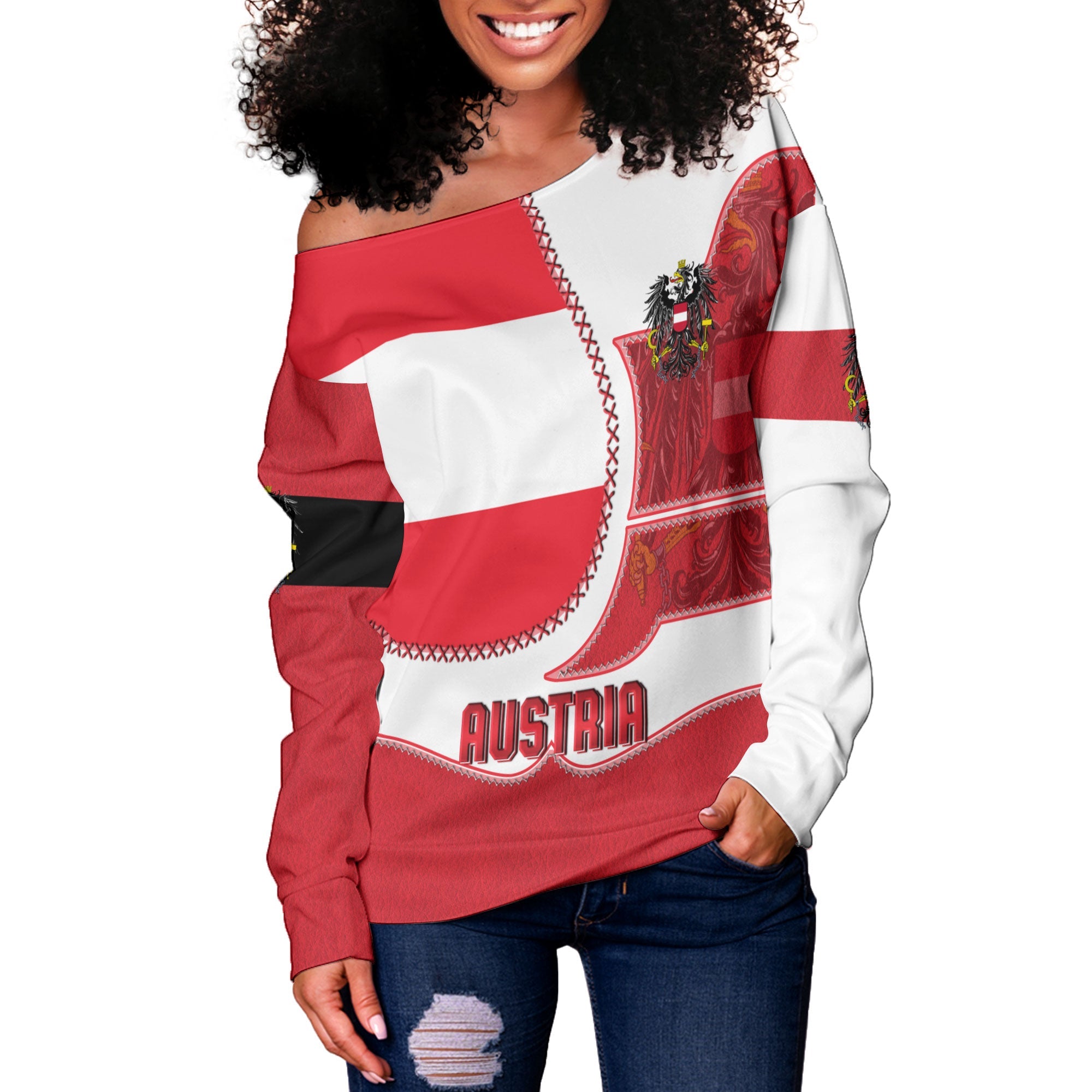 Austria Women Off Shoulder Sweatshirt Flag & Coat Of Arms Leather Style