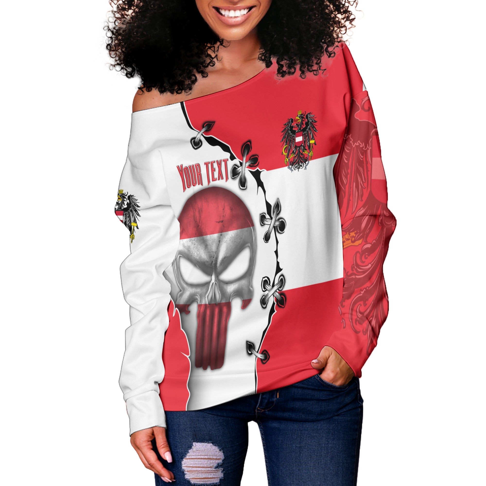 Austria Women Off Shoulder Sweatshirt Flag & Coat Of Arms Skull Style