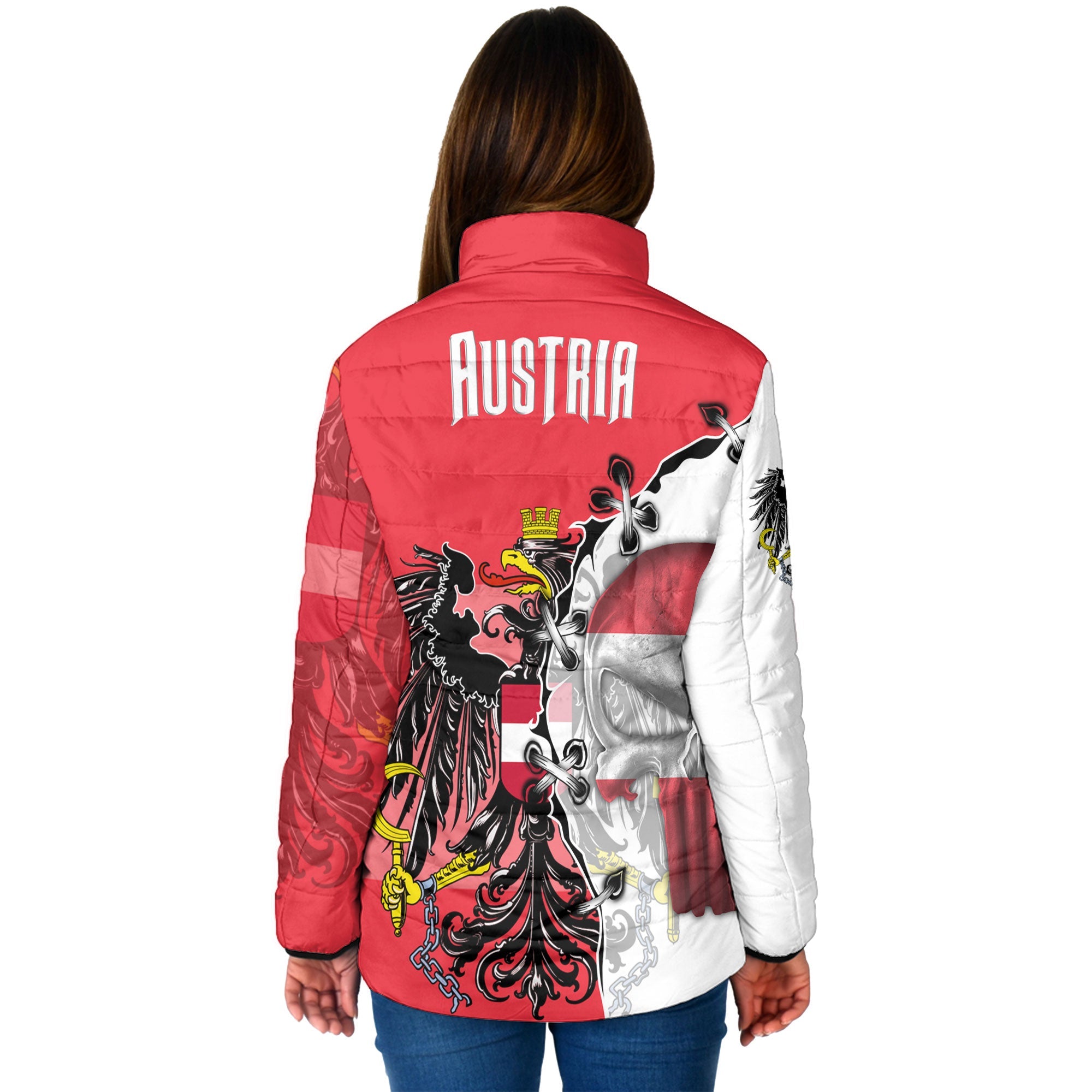 Austria Women Padded Jacket Flag & Coat Of Arms Skull Style