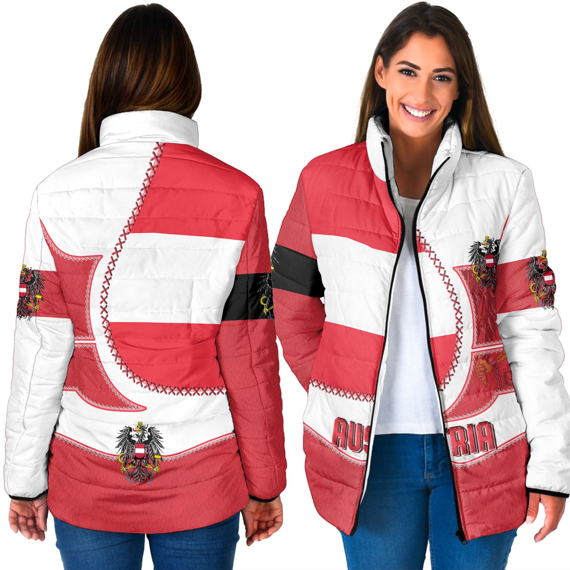 Austria Women Padded Jacket Flag & Coat Of Arms Leather Style