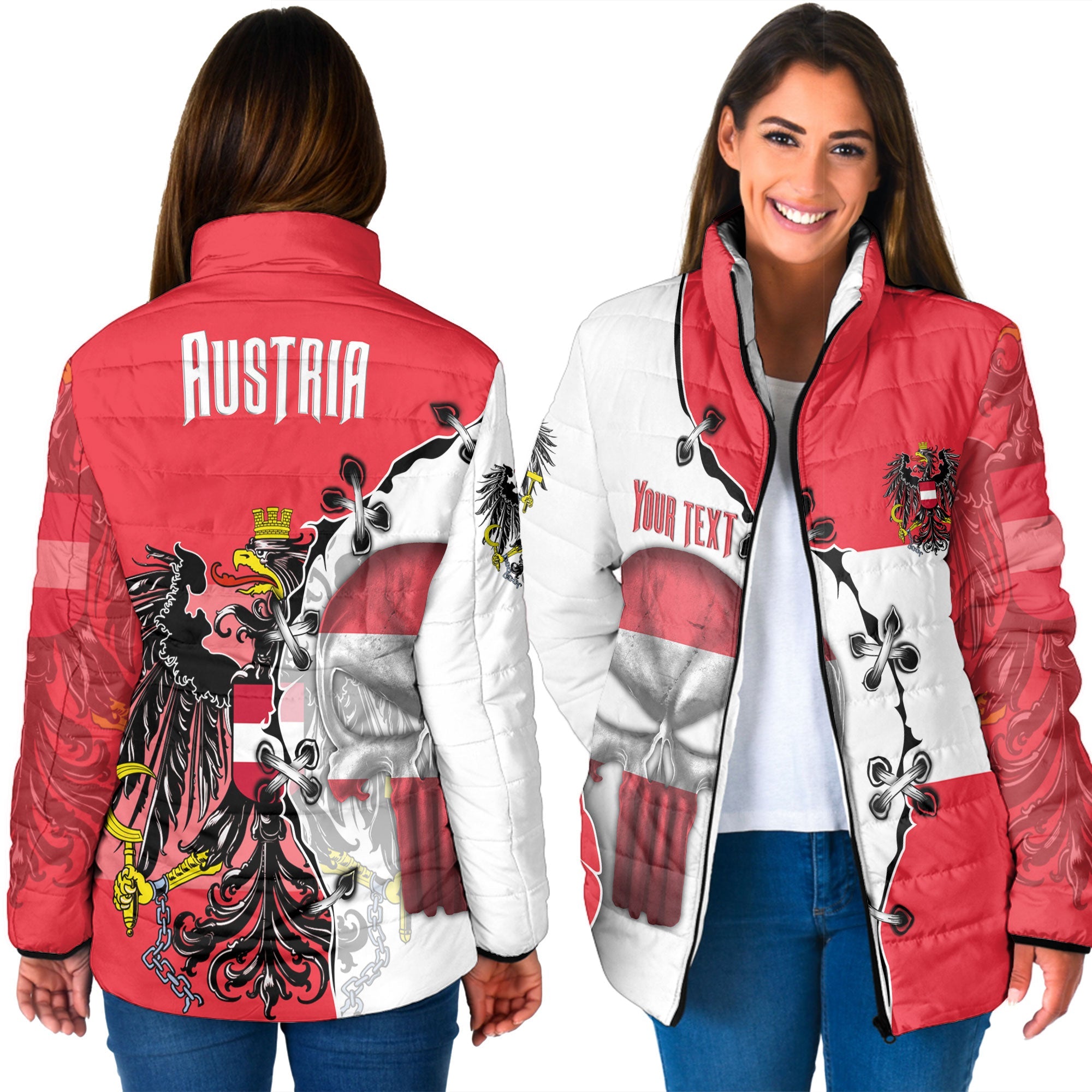 Austria Women Padded Jacket Flag & Coat Of Arms Skull Style