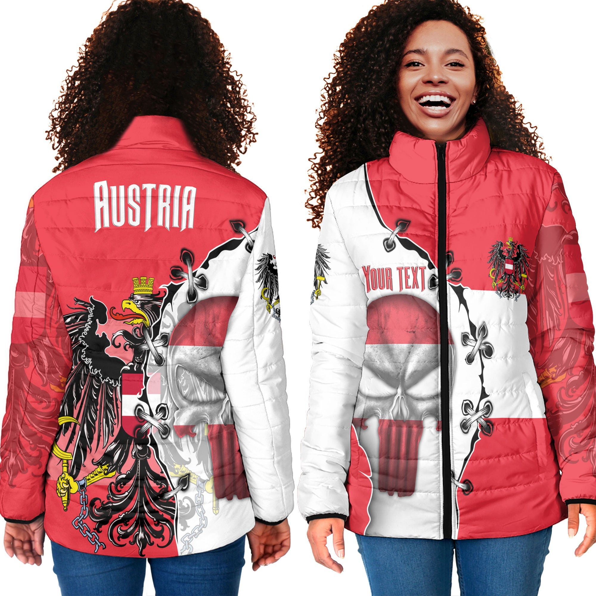 Austria Women Padded Jacket Flag & Coat Of Arms Skull Style