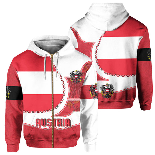 Austria Zip Hoodie Flag & Coat Of Arms Leather Style