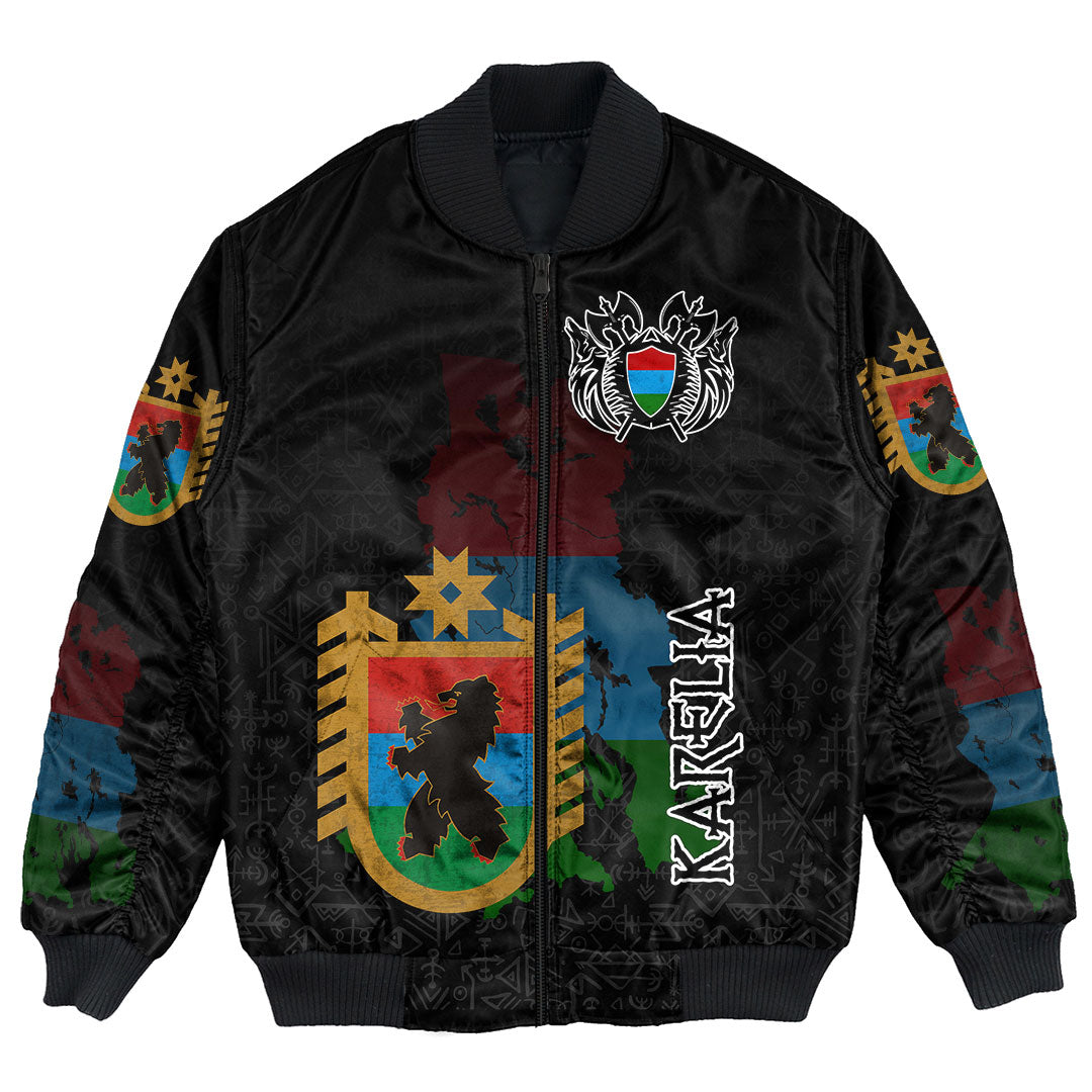 Custom Viking Bomber Jacket Karelia Flag and Map style Viking Geri & Freki