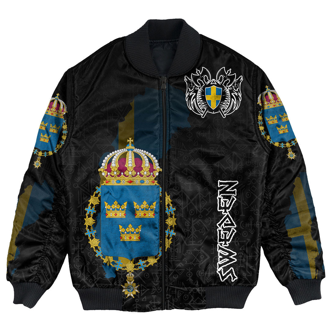 Custom Viking Bomber Jacket Sweden Flag and Map 1 style Viking Geri & Freki