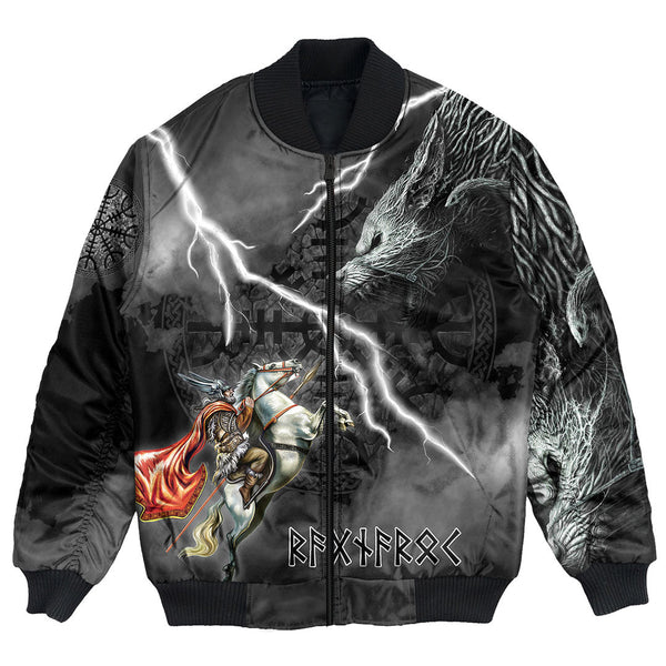 Custom Viking Bomber Jacket Ragnarok Odin fight Fenrir on thunder background