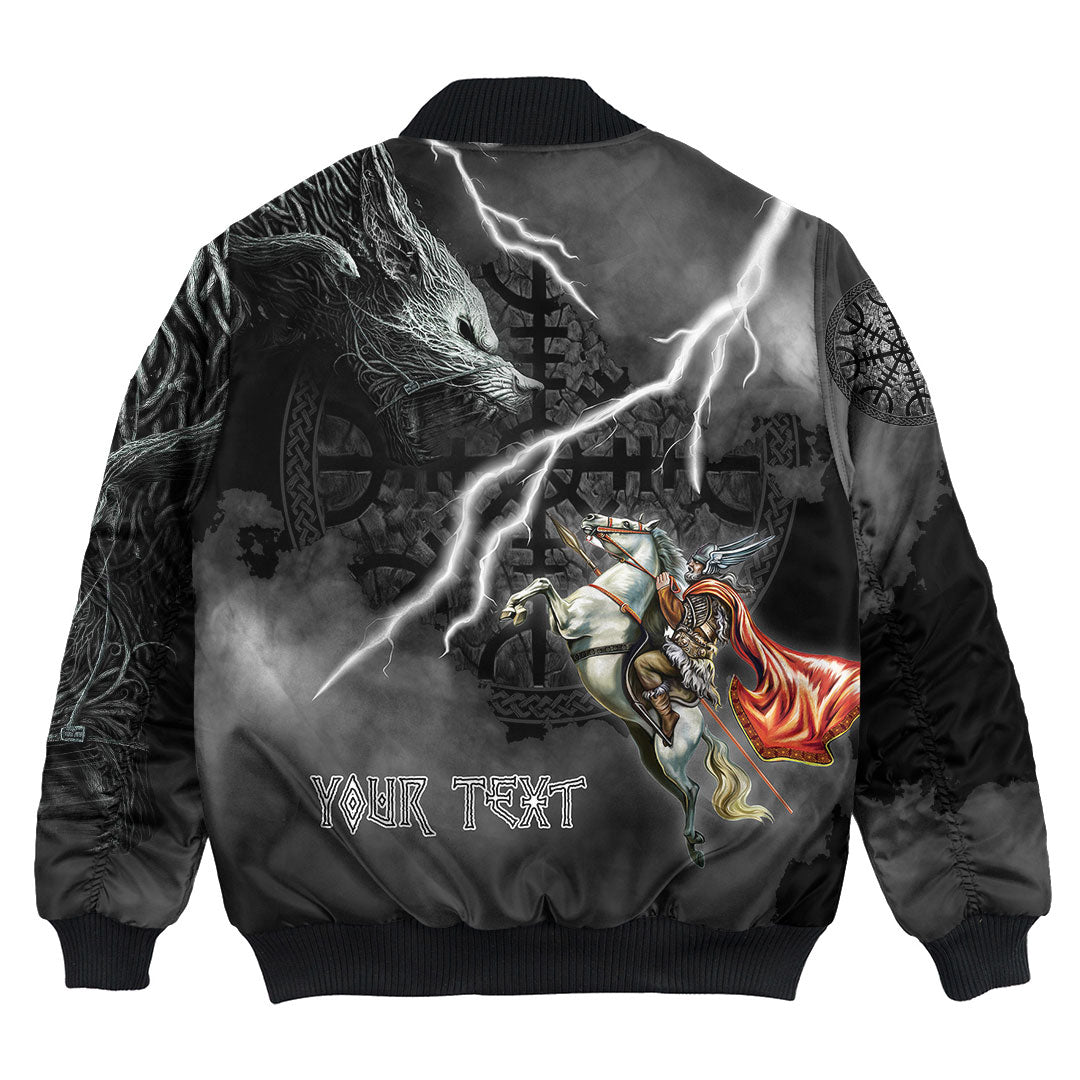 Custom Viking Bomber Jacket Ragnarok Odin fight Fenrir on thunder background