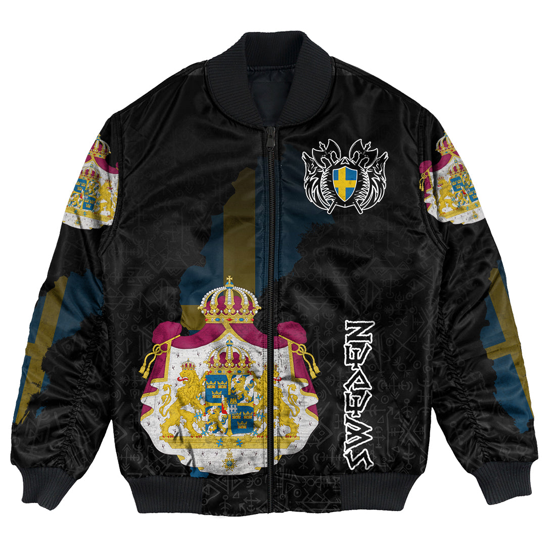 Custom Viking Bomber Jacket Sweden Flag and Map style Viking Geri & Freki