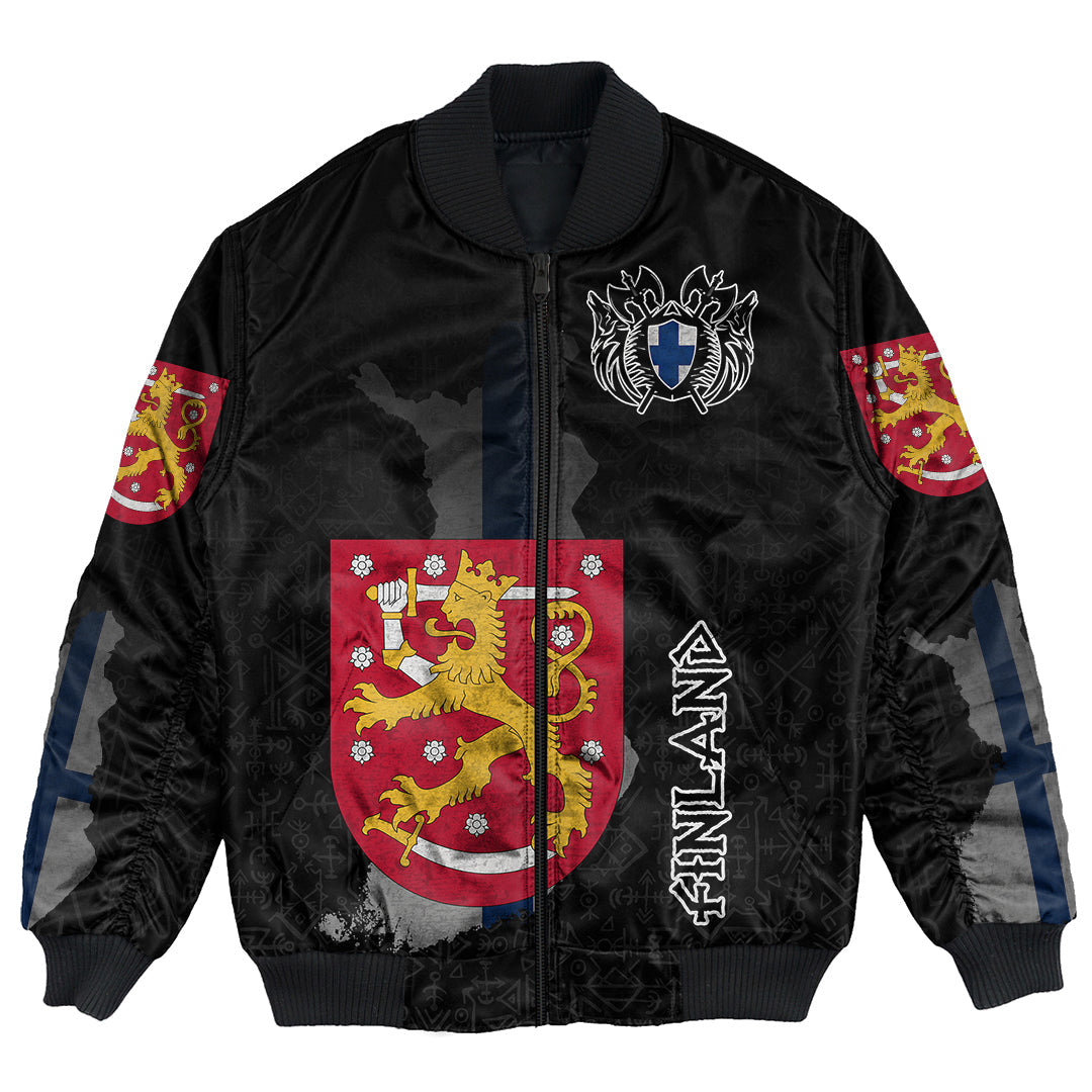 Custom Viking Bomber Jacket Finland Flag and Map style Viking Geri & Freki