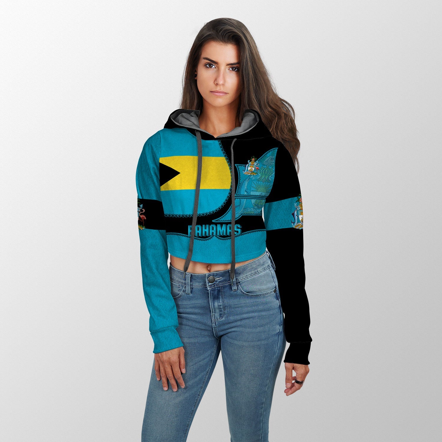 Bahamas Crop Hoodie Flag & Coat Of Arms Leather Style