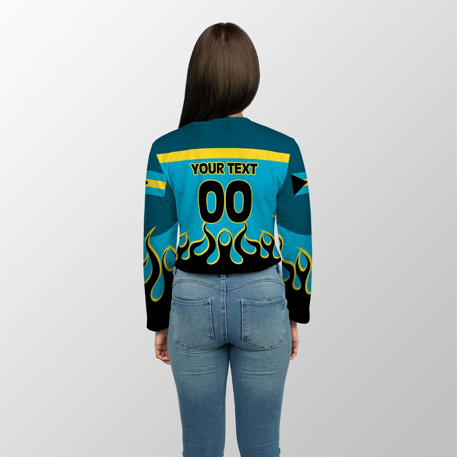 Bahamas Crop Top Long TShirt Flag & Coat Of Arms Fire Hockey Style