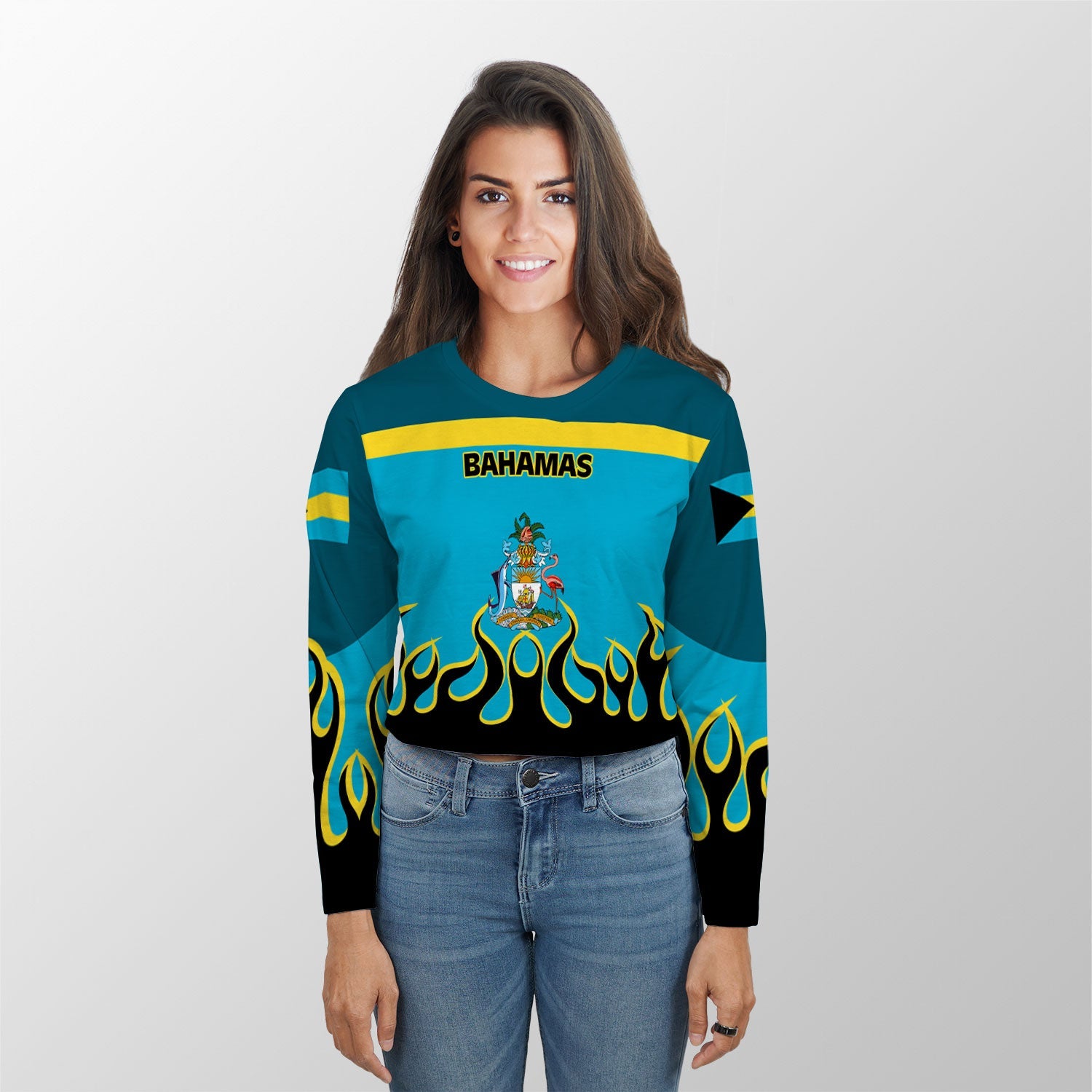 Bahamas Crop Top Long TShirt Flag & Coat Of Arms Fire Hockey Style