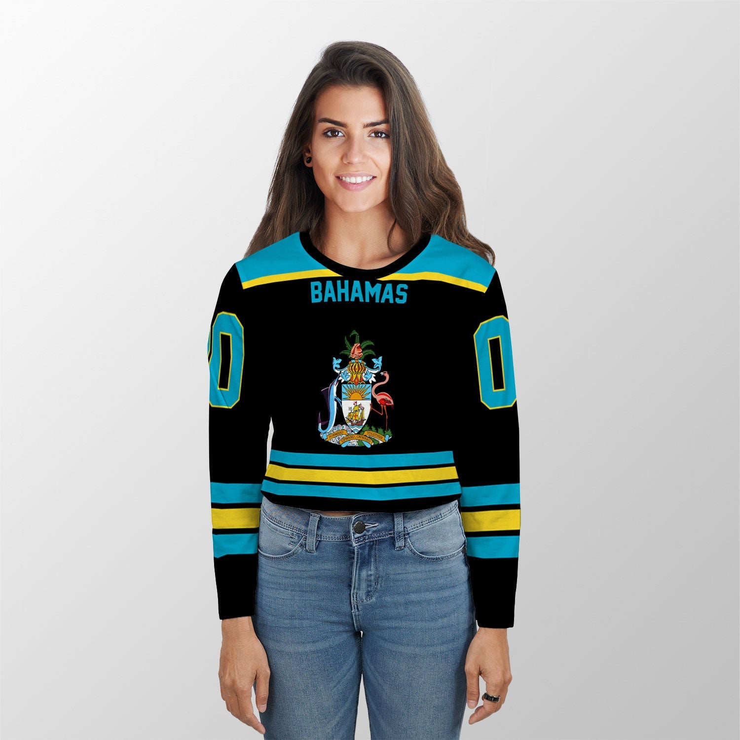 Bahamas Crop Top Long T Shirt Flag & Coat Of Arms Hockey Style